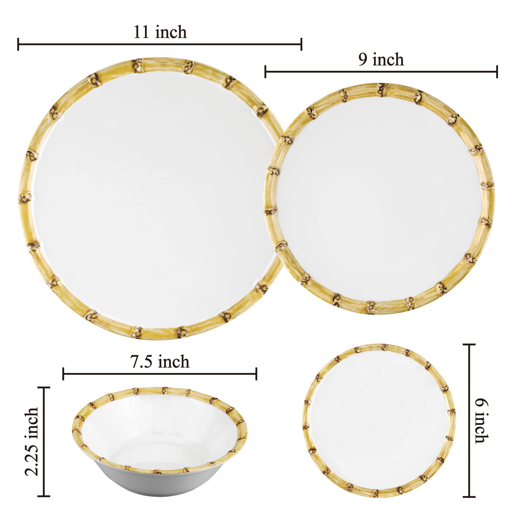 UPware 16-Piece Melamine Dinnerware Set - Durable Bamboo Design Plates & Bowls for 4 People, Includes Dinner Plates, Salad Plates, Dessert Plates & Bowls - Perfect for Outdoor Dining, Picnics, Camping & Everyday Use