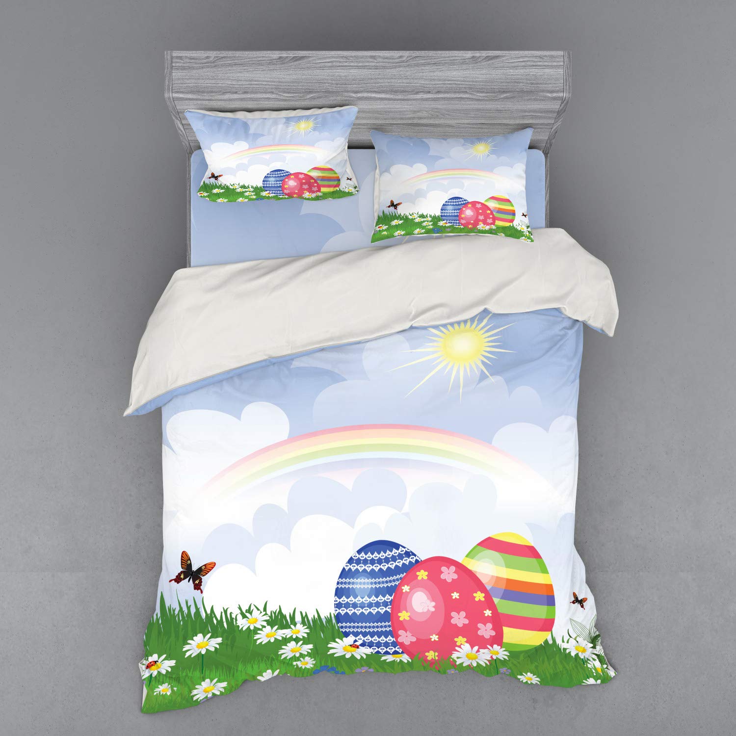 Ambesonne Easter Duvet Cover Set - 4 Piece Queen Size Bedding with Shams & Fitted Sheet, Floral Butterfly Rainbow Design, Spring Nature Theme for Seasonal Home Decor | Perfect for Easter Celebrations, Spring Bedroom Refresh, and Gift Giving