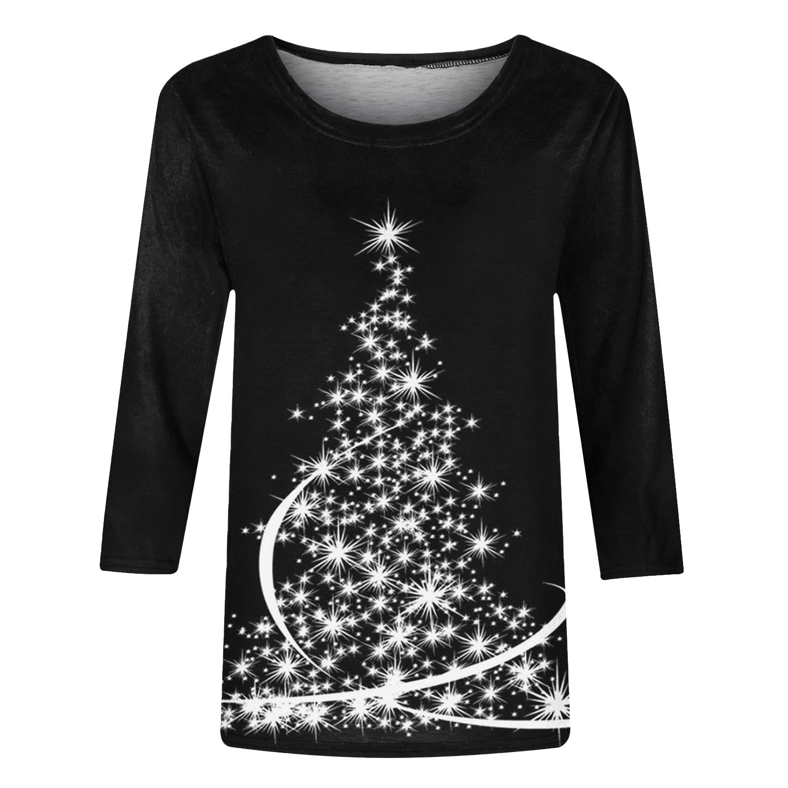 SHOPESSA Women's Christmas T-Shirt - 3/4 Sleeve Crew Neck Holiday Shirt with Festive Xmas Tree Print - Perfect for Christmas Parties, Family Gatherings & Holiday Festivities