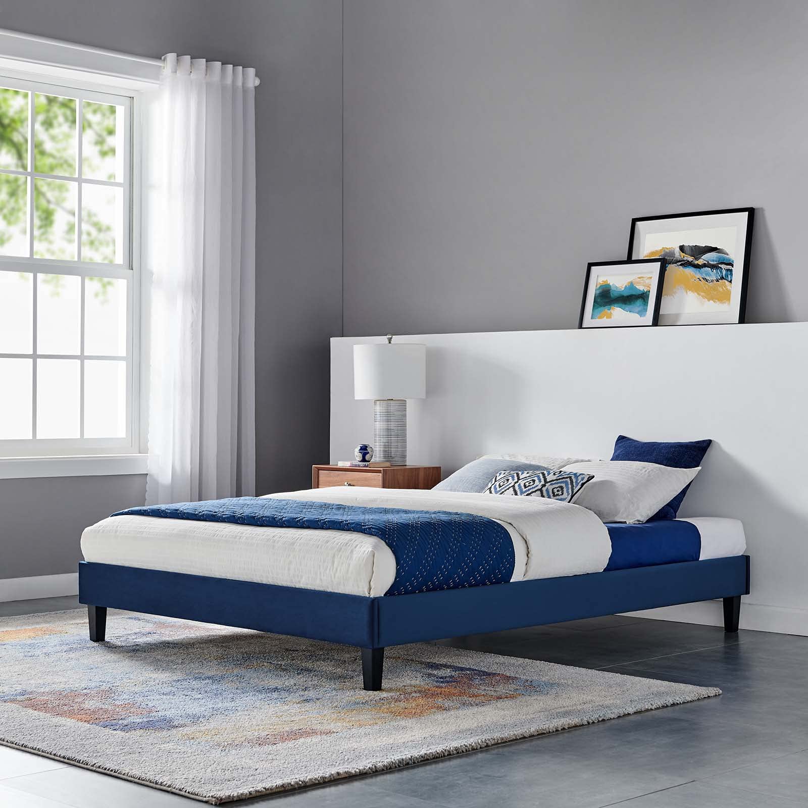 Modway Reign King Size Platform Bed Frame with Navy Upholstered Headboard - Modern Bedroom Furniture for Master Suite & Guest Room