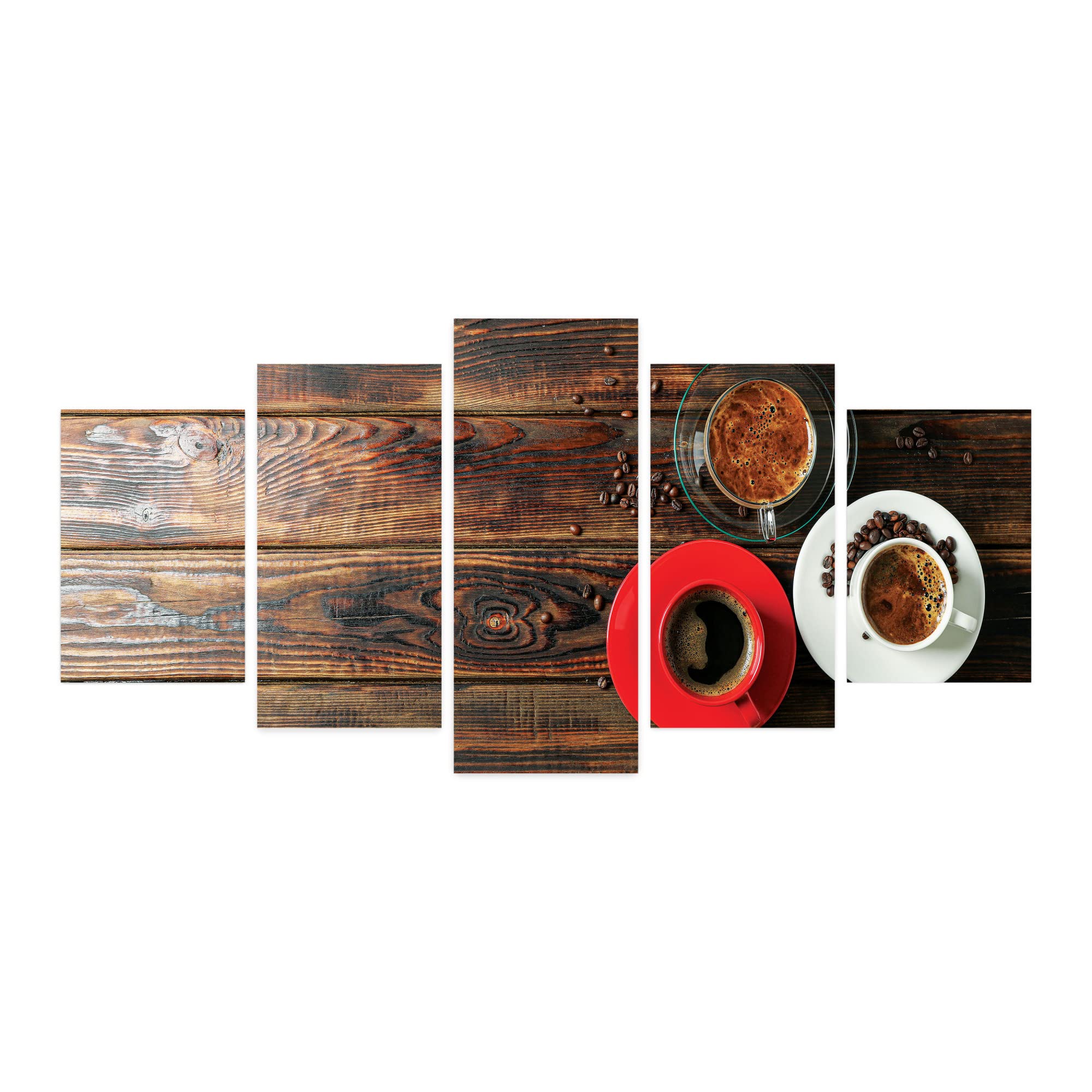 Ambesonne Rustic 5-Panel Acrylic Glass Wall Art - Coffee Time Concept with Top View Cups, Warm Drink & Beans on Weathered Wooden Background - Perfect for Living Room, Bedroom & Dorm Decor - 60