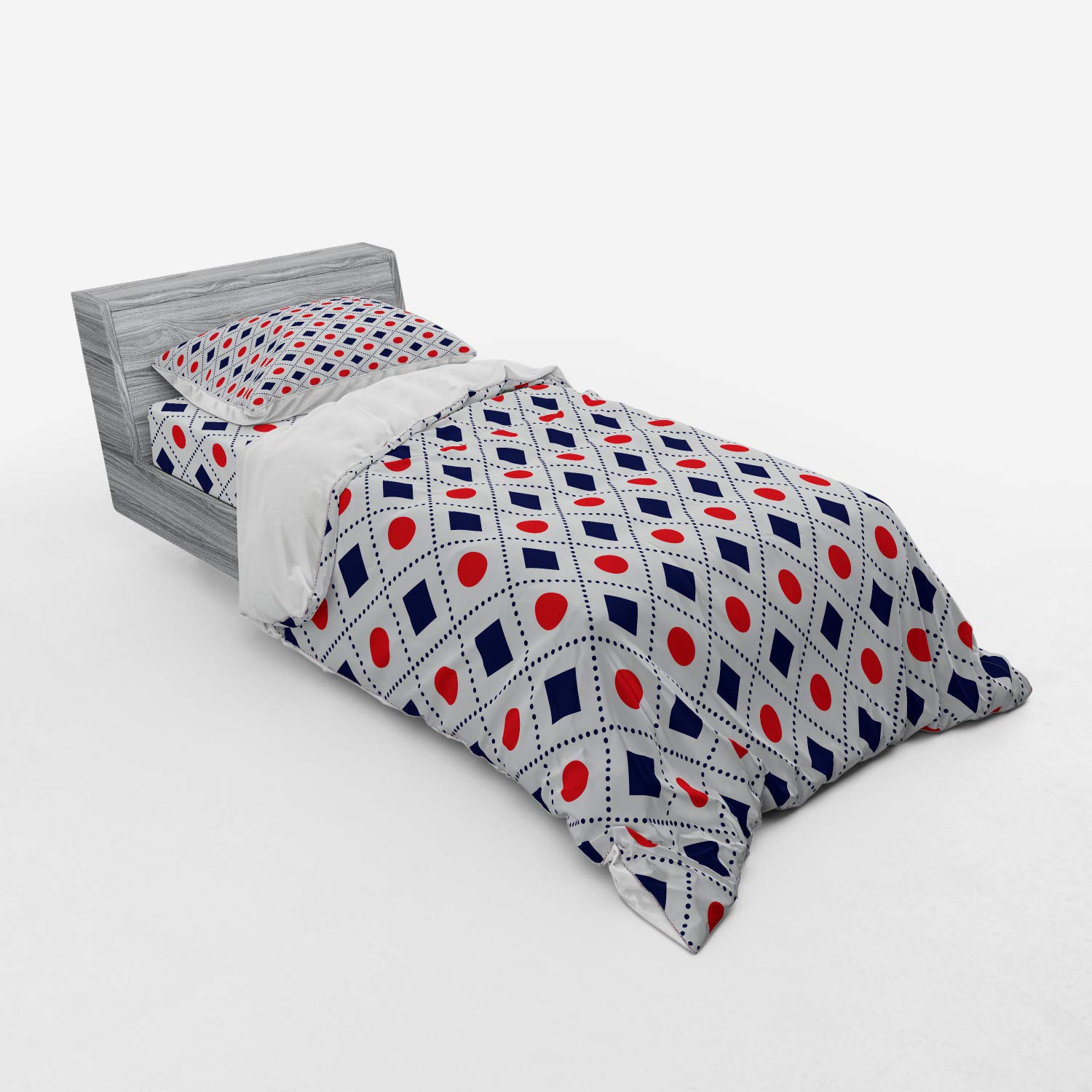 Ambesonne Navy Blue and Red Duvet Cover Set - 3 Piece Geometric Print Bedding with Sham & Fitted Sheet, Twin XL Size, Big Red Dots Squares Dashed Lines Tile Design - Perfect for Modern Bedroom, Guest Room, and Dorm Decor