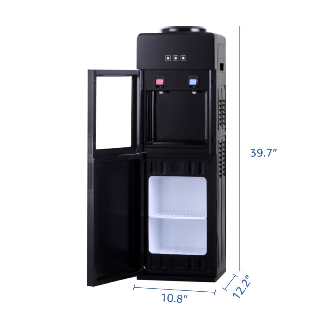 Top Loading Hot & Cold Water Cooler Dispenser for 3/5 Gallon Bottles with Storage Cabinet & Child Safety Lock - Home & Office Water Dispenser for Kitchen, Break Room, Dorm (Black)