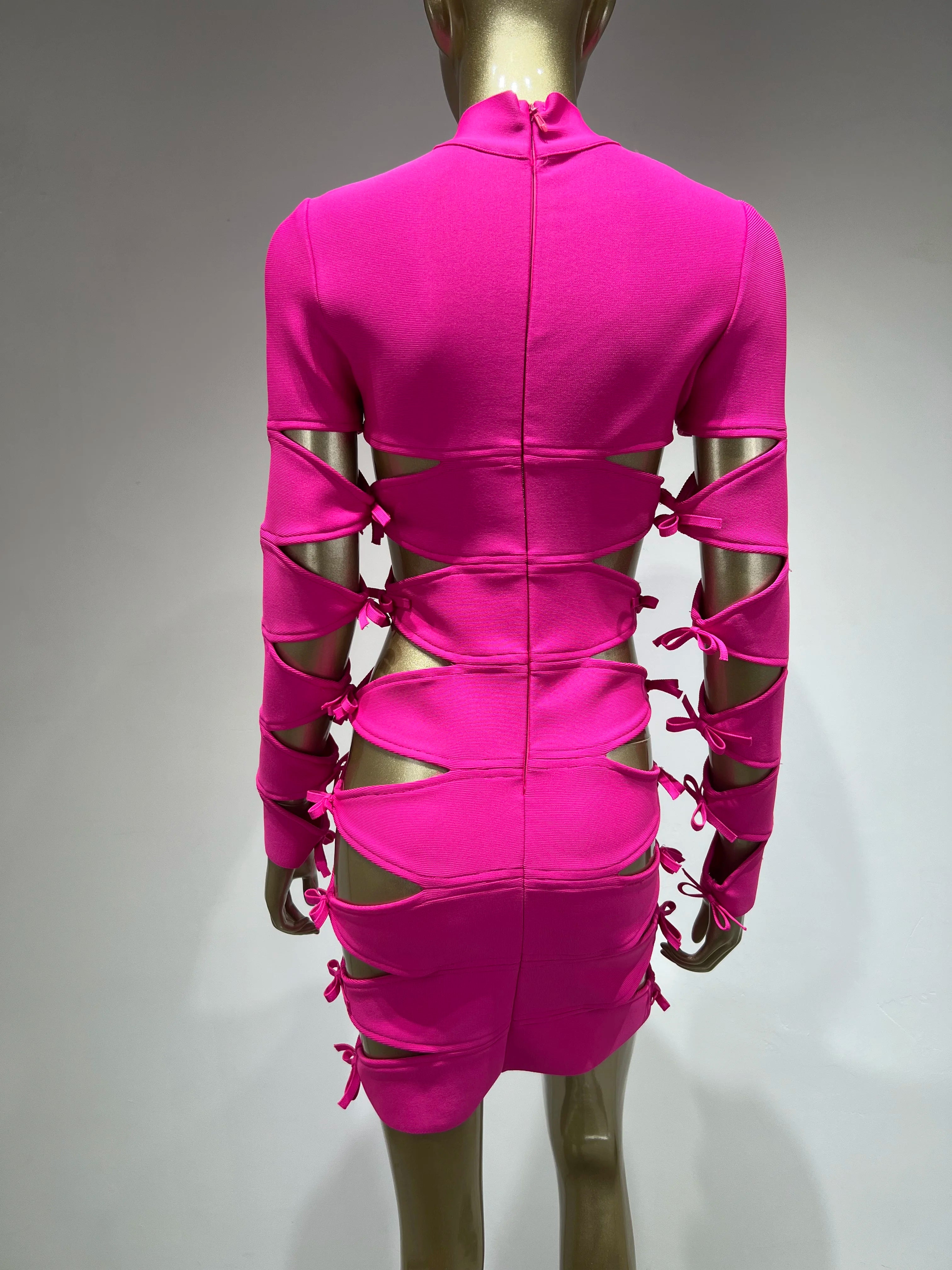 Sexy Long Sleeve Hollow Out Pink Bow Tie Mini Bandage Dress for Women - Elegant Autumn Evening & Club Party Dress 2023 | Perfect for Date Night, Cocktail Parties & Special Occasions