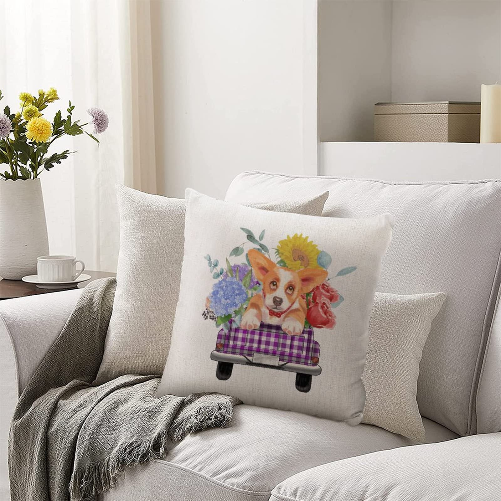 Floral Truck and Dog Square Cotton Linen Cushion Covers - Durable Zippered Throw Pillowcases for Sofa, Bedroom, Living Room & Car - Home Decor & Cozy Indoor Comfort