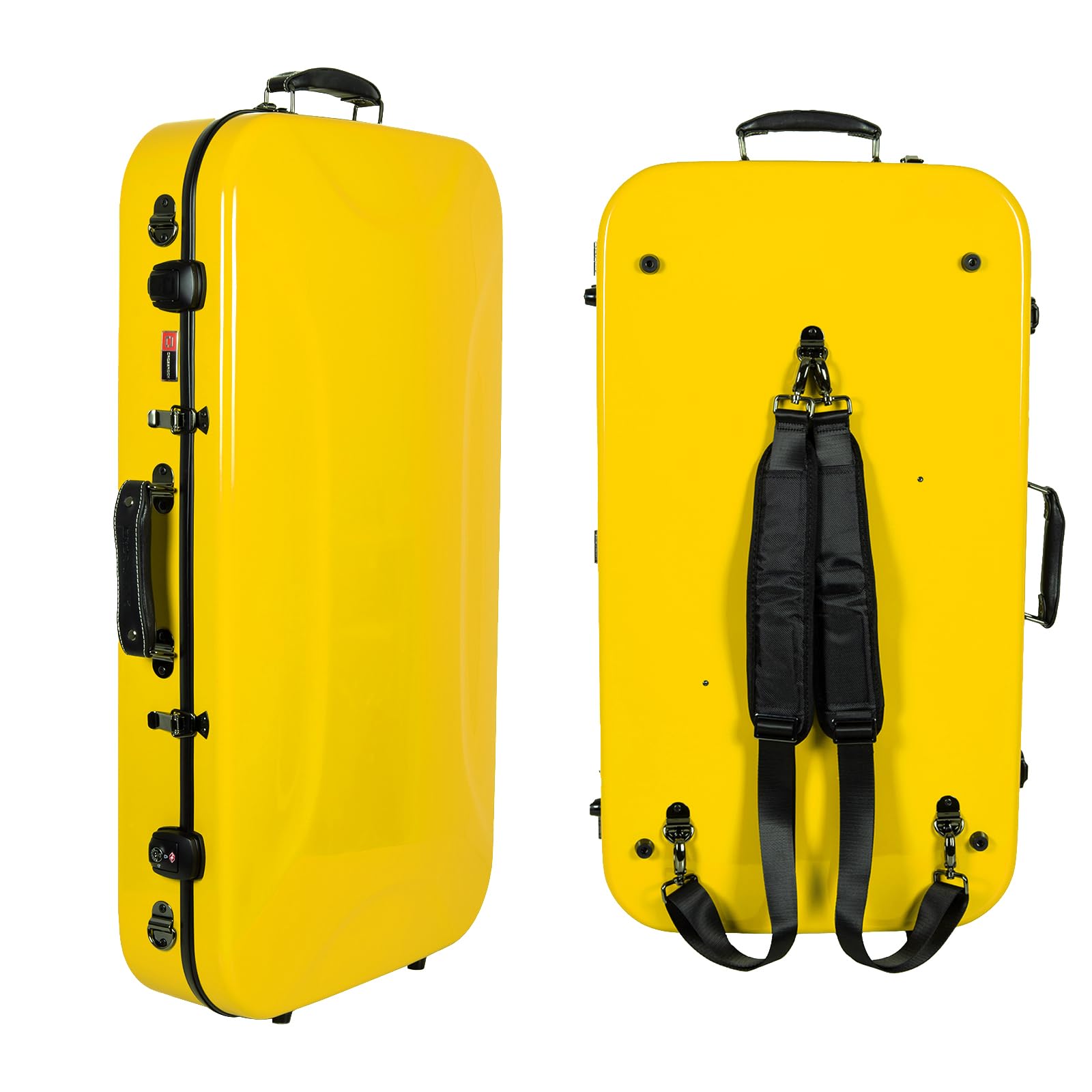 Crossrock Fiberglass Double Case for Mandolin & 4/4 Violin – Fits A & F-Style | Yellow Gloss Finish, TSA Lock, Backpack Straps, Accessory Storage – Pro Tour Series | Perfect for Travel, Performances & Professional Musicians