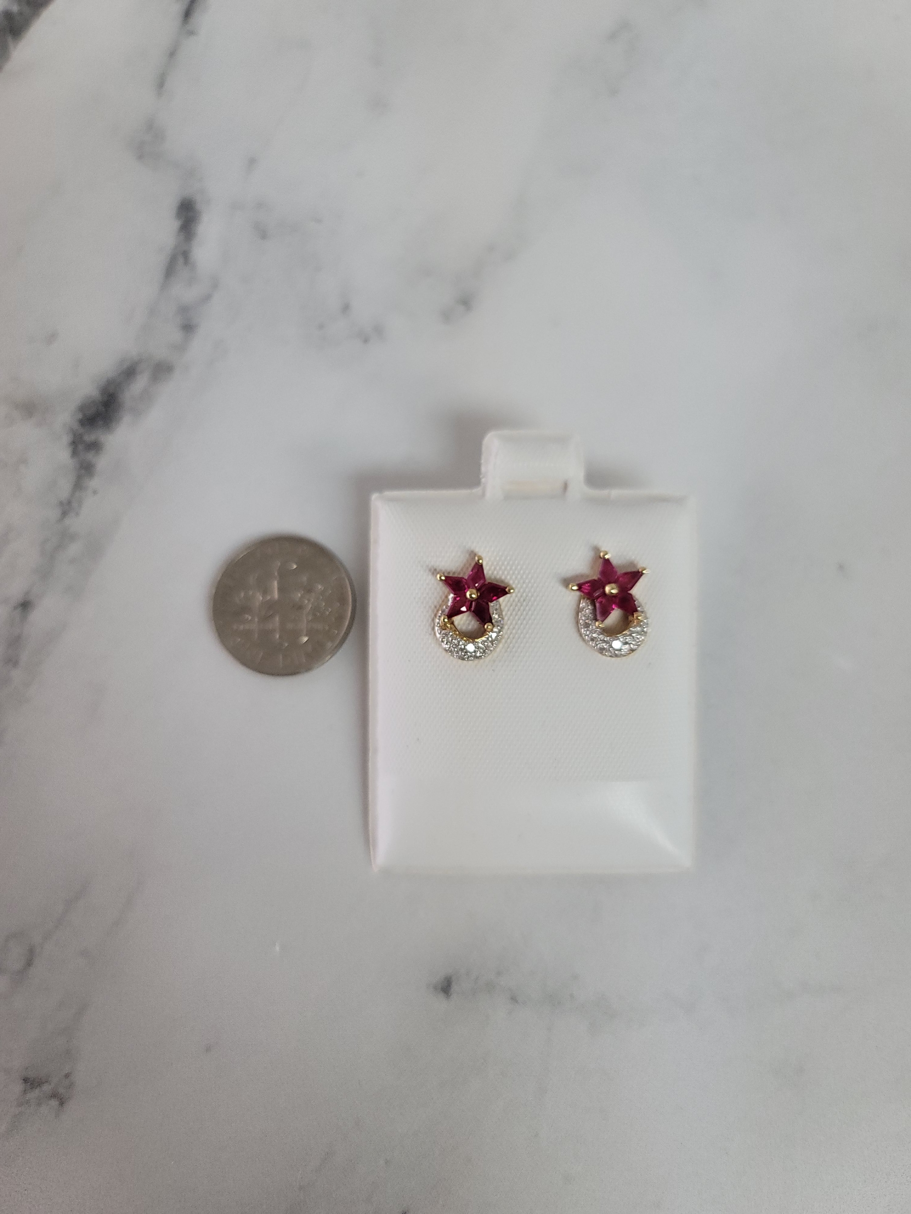 Briolette Ruby Star Shaped & Diamond Pave Crescent Stud Earrings for Women - Elegant Dangle Earrings for Party, Wedding & Special Occasions