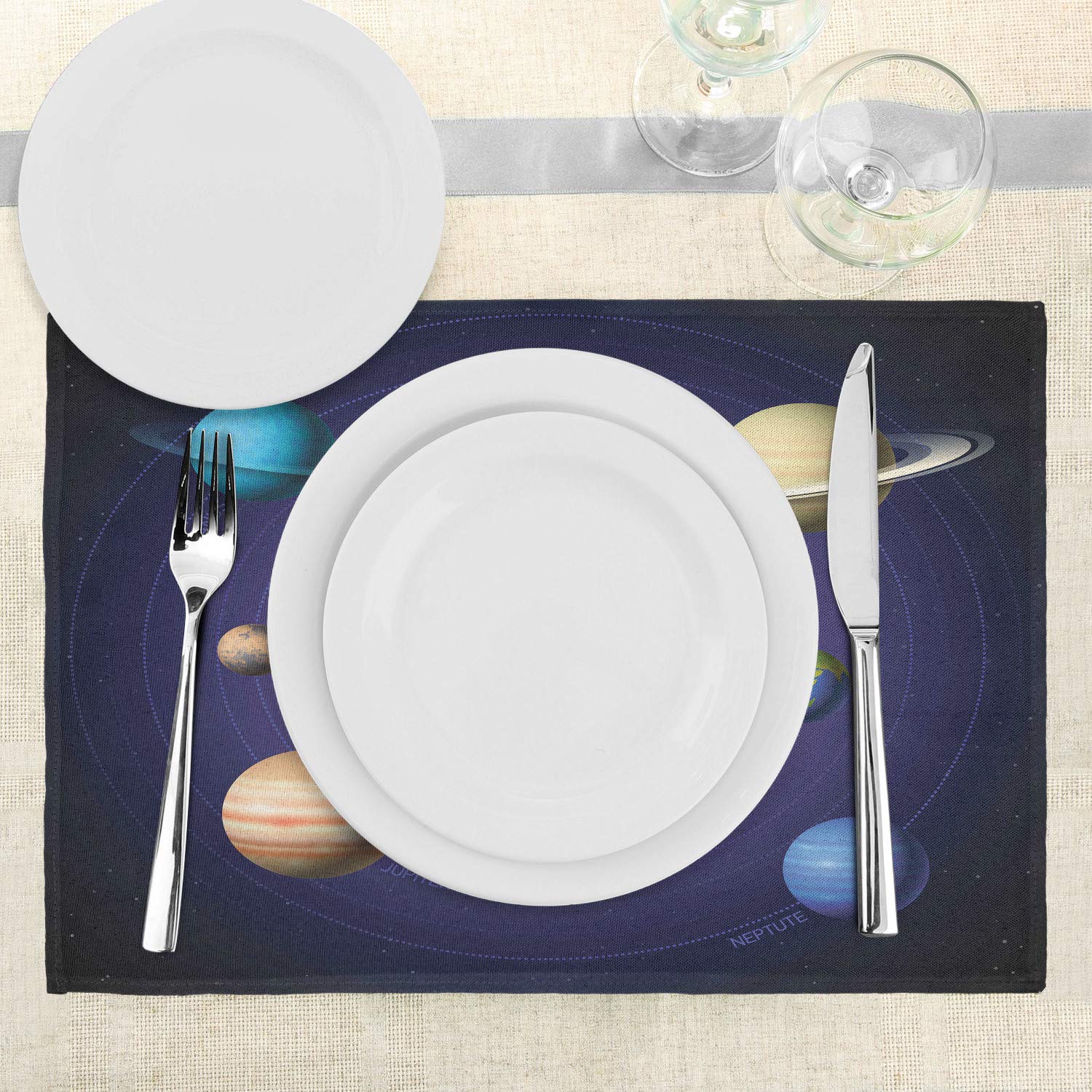 Ambesonne Solar System Place Mats Set of 4 - Washable Fabric Table Mats with Planets & Galaxy Design for Dining Room & Kitchen Decor | Perfect for Space-Themed Parties, Science Classrooms & Astronomy Lovers