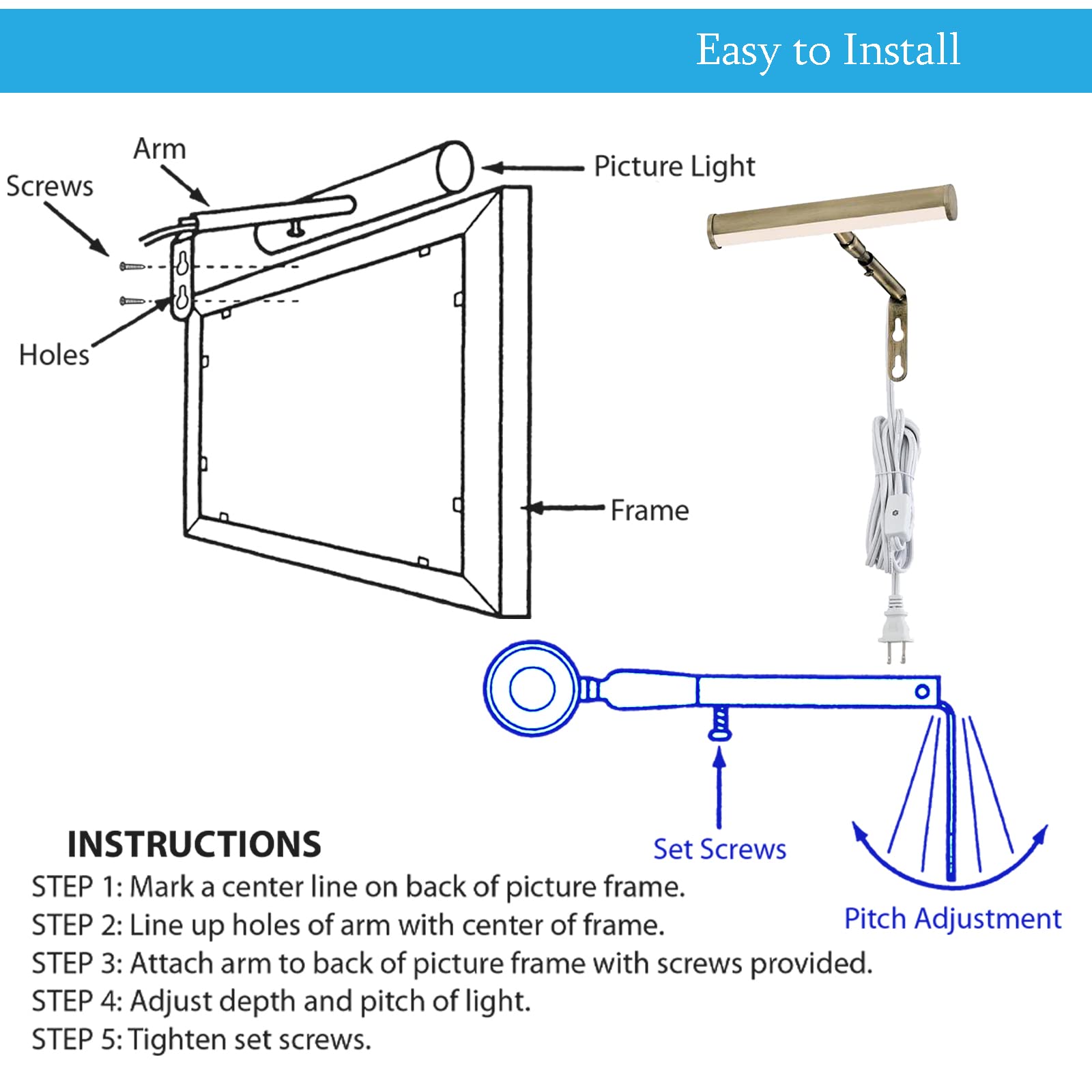 Ciata 7-Inch LED Picture Light for Wall Art - 3000K Warm White, 2W Adjustable Metal Frame Light with In-Line On/Off Switch, CRI-90, Antique Brass - Perfect for Gallery, Museum & Home Decor Lighting