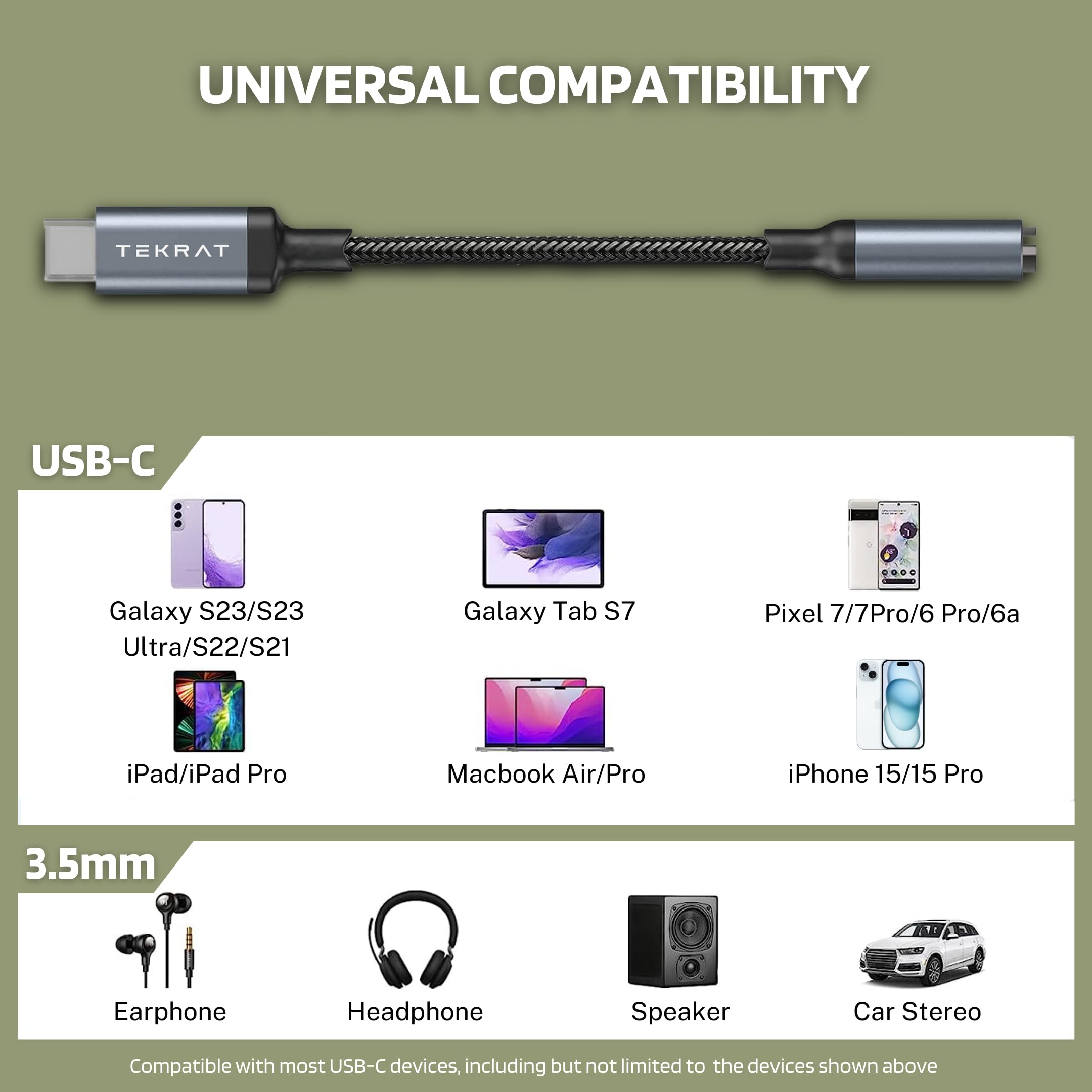 TEKRAT USB C to 3.5mm Headphone Jack Adapter, Digital Audio AUX to USB Type C Cable for iPhone 16/Samsung S24/Google Pixel 8/Huawei P60/OnePlus 12/MacBook - Perfect for Music, Gaming & Video Calls