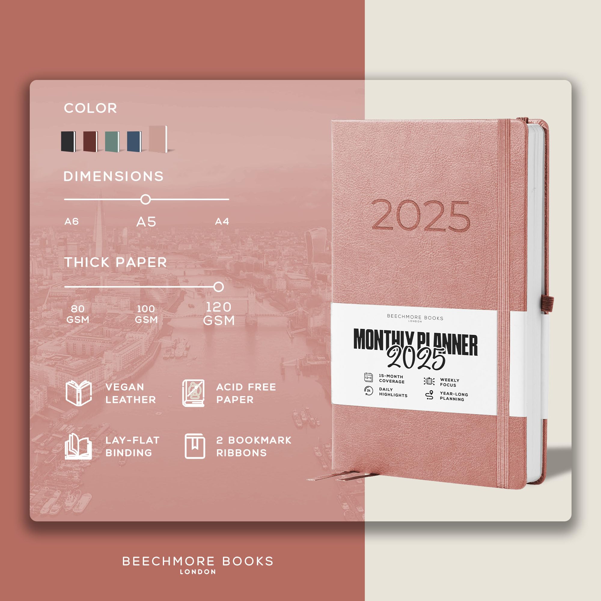 Beechmore Books 2025 Planner - A5 Size, Rose Vegan Leather Hardcover Journal | 120gsm Thick Paper, Year & Month View, Goal Setting & Appointment Sections | Perfect for Daily Planning, Work Organization & Gift Giving