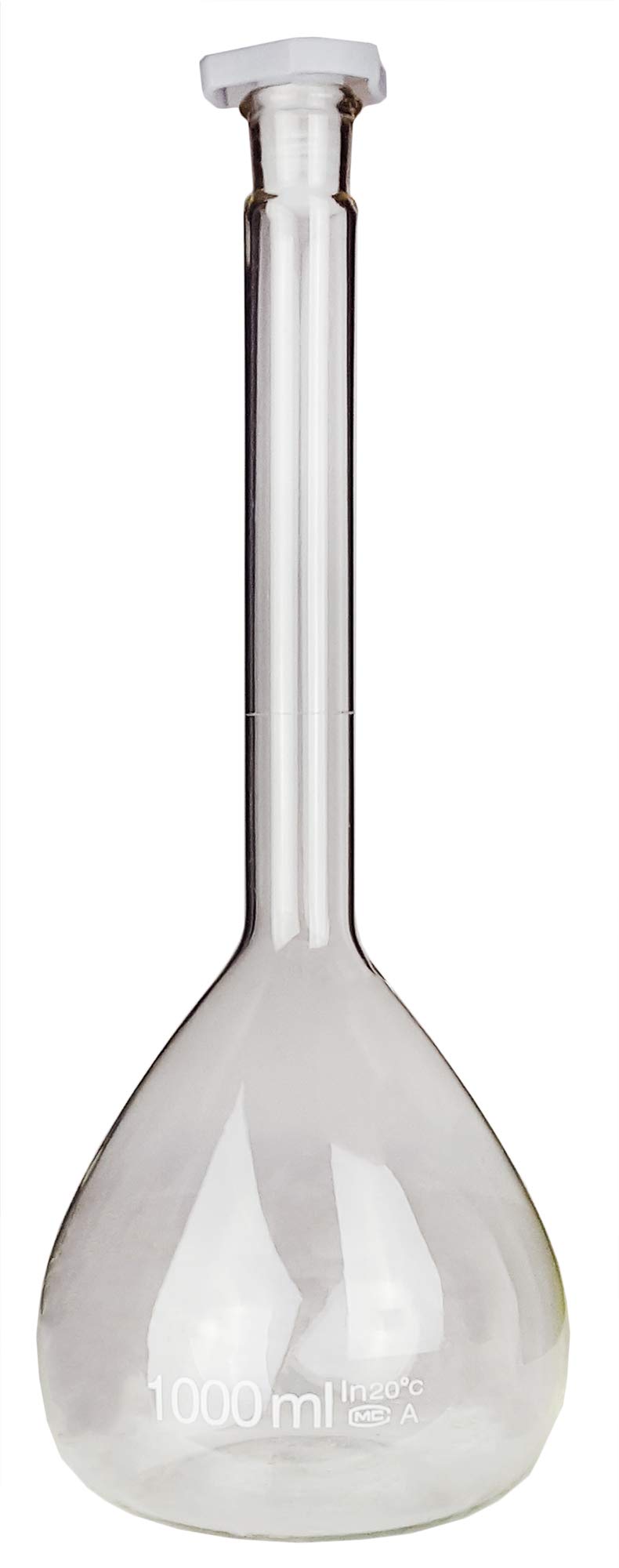 FVPS1000-20 1000ml Volumetric Flask with Plastic Stopper - Lab Grade Glassware, Case of 20 - Perfect for Chemistry Experiments, Scientific Research & Laboratory Use