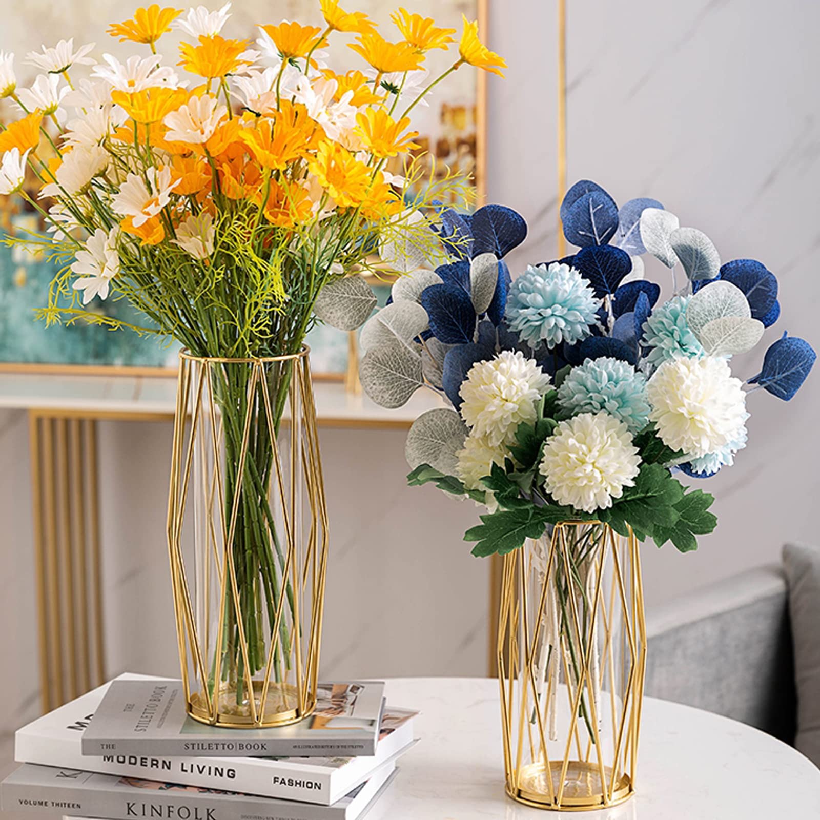 Elegant Gold Flower Vases with Geometric Metal Stand - Modern Bulk Terrarium Crystal Vases for Pampas Grass, Centerpieces, Home & Wedding Decor (8.5