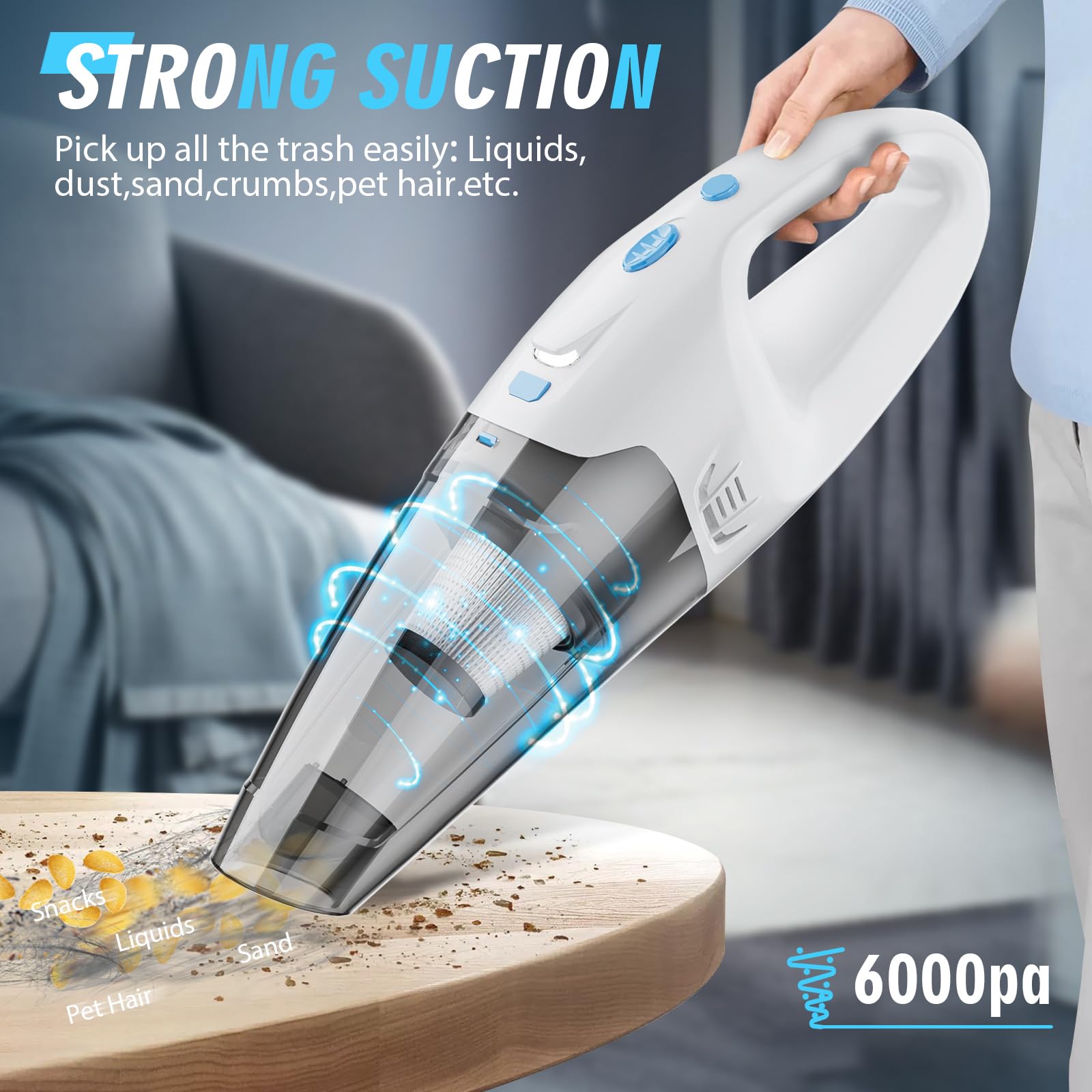 **Powerful Cordless Handheld Vacuum Cleaner - Rechargeable, Strong Suction, LED Light, 20 Min Runtime - Portable Car & Home Vacuum for Pet Hair, Dust, Crumbs - Ideal for Cars, Offices, and Quick Cleanups**