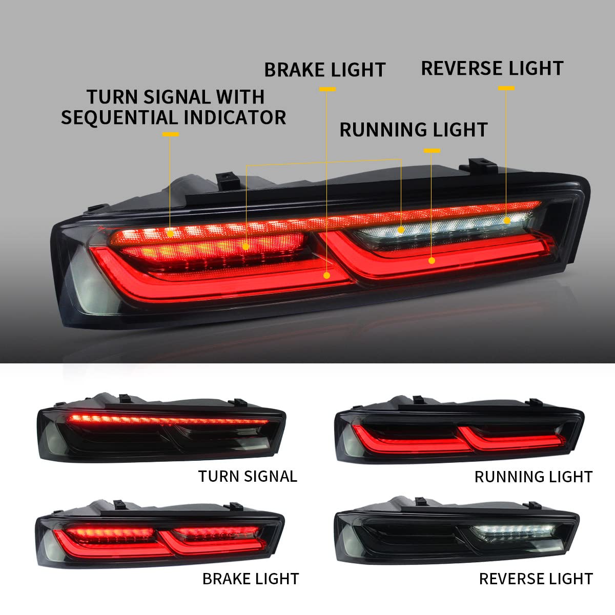 VLAND LED Smoked Tail Lights for Chevy Camaro 2016-2018 | Sequential Red Turn Signals & DRL | Rear Lamp Assembly | Upgrade Your Camaro's Style & Visibility for Night Driving & Car Shows