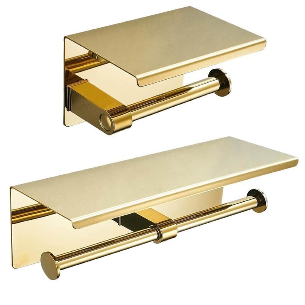 Stainless Steel Gold Double Roll Toilet Paper Holder with Phone Shelf - Wall Mounted Bathroom Tissue Dispenser for Modern Homes (A02) | Perfect for Small Bathrooms, Powder Rooms & RVs