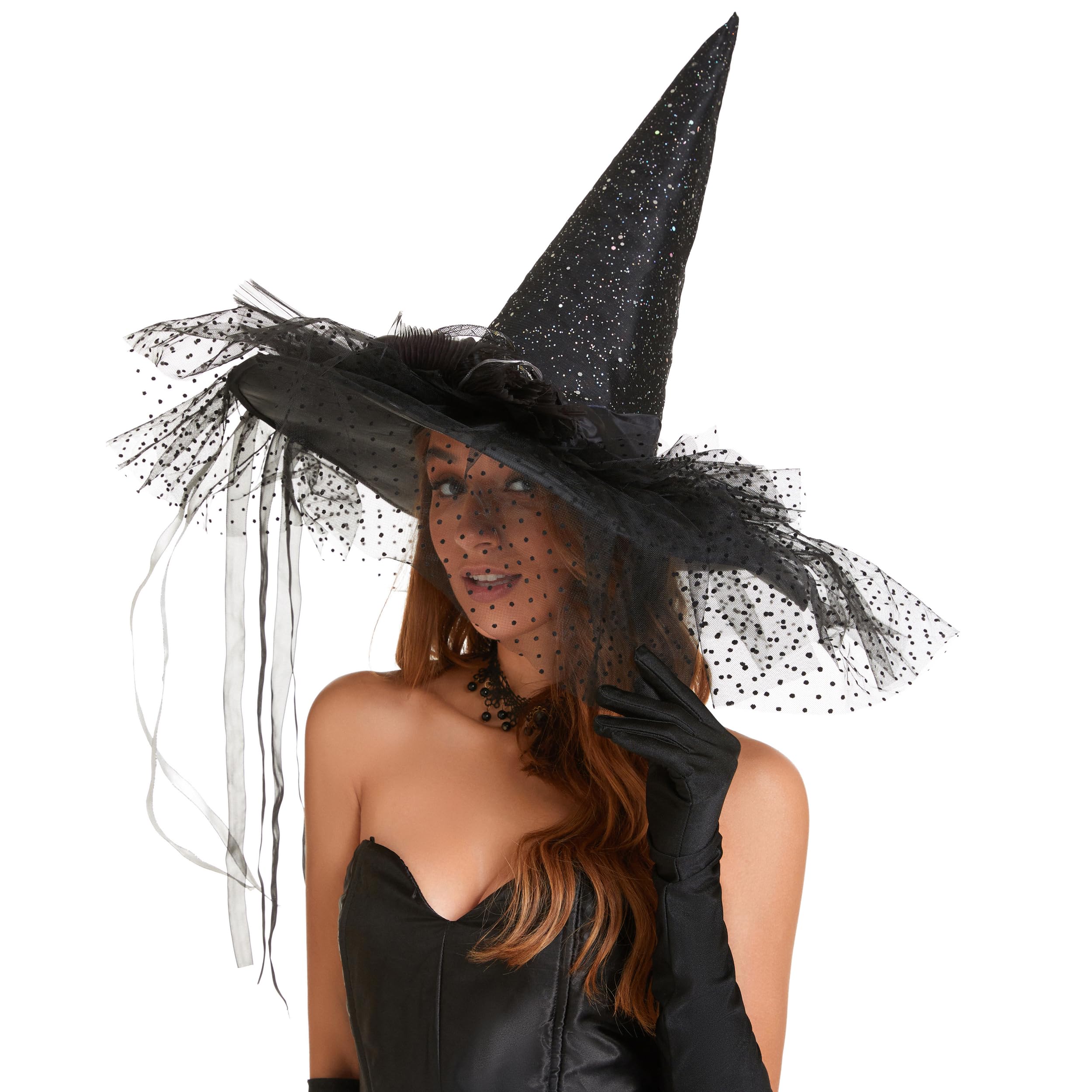 LED Light Witch Hat for Women - Black Halloween Costume Steeple Top Hat with Lamp for Party, Cosplay & Witch Theme Events