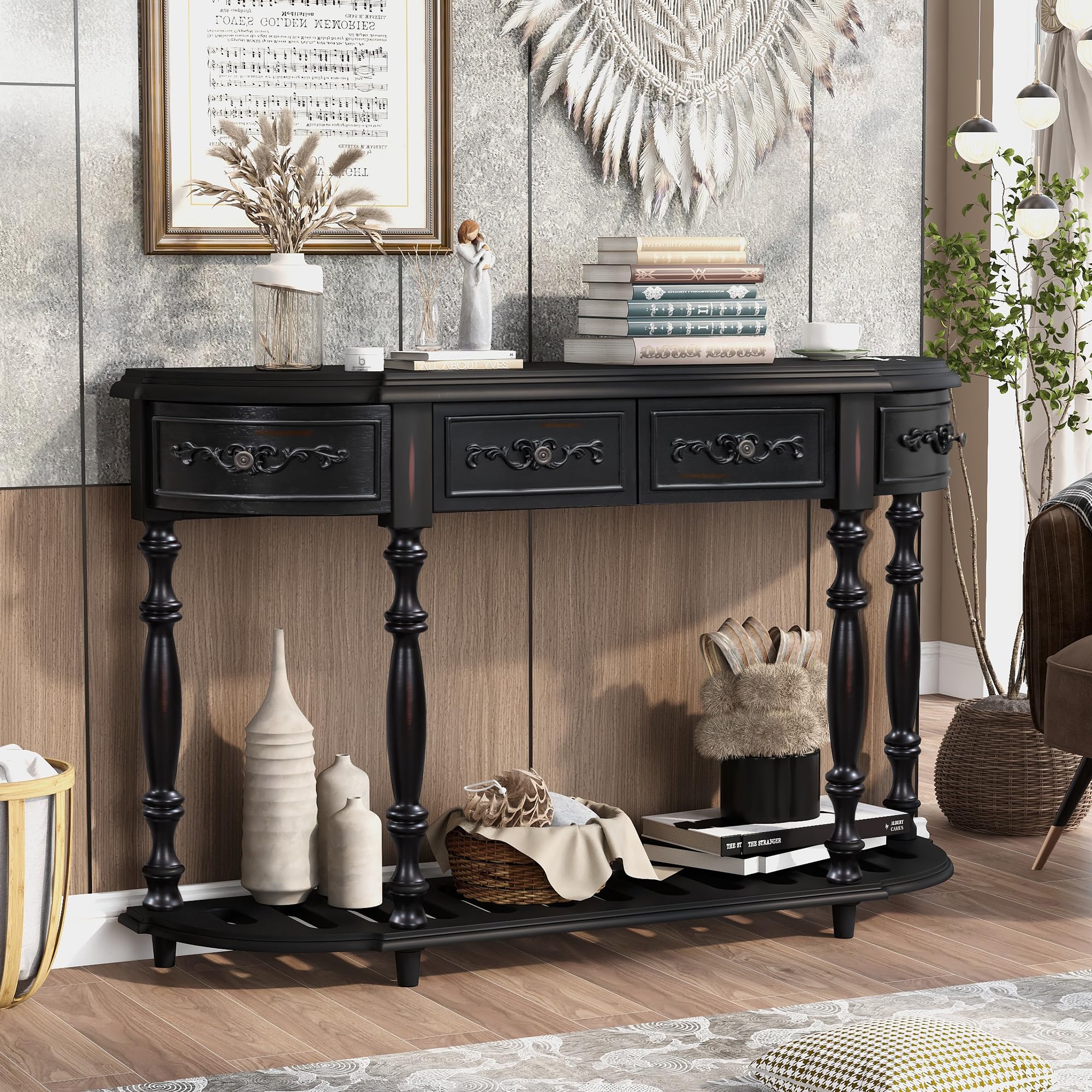 Vintage Half Moon Entryway Table with 4 Drawers & Shelf - Curved Console Table for Hallway, Half Round Accent Table in Black - Perfect for Small Spaces, Foyers & Apartment Decor