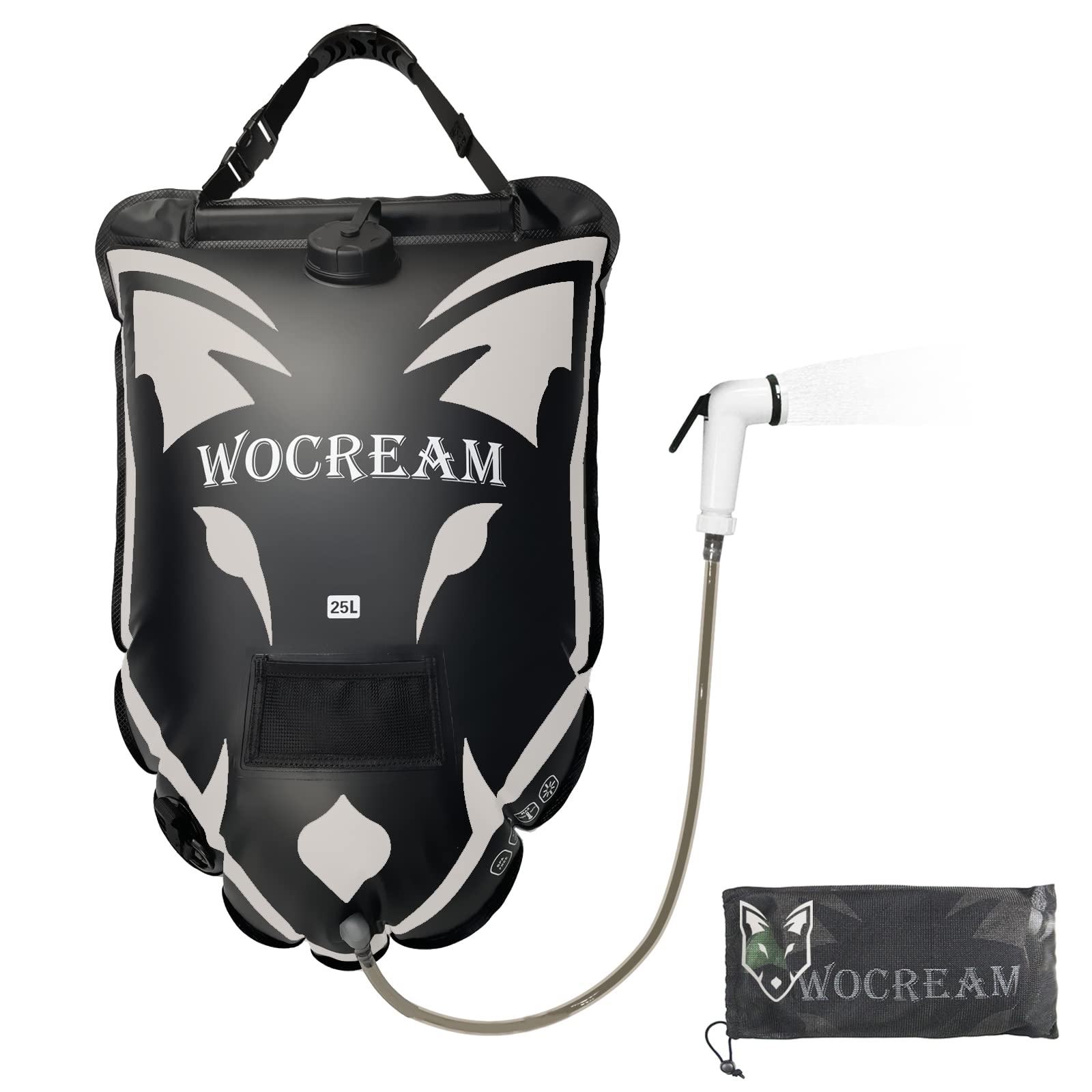 Wocream 6.6 Gallon (25L) Solar Camping Shower Bag with Wolf-Head Design - Portable Outdoor Shower with Large Water Flow & Handheld Shower Head - Perfect for Camping, Hiking, Beach Trips and RV Adventures