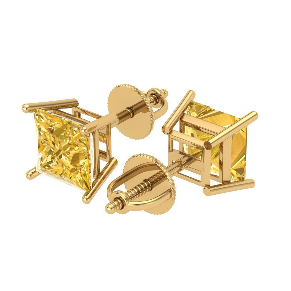 4.0ct Princess Cut VVS1 Yellow Simulated Diamond Earrings - 18K Gold Screw Back for Party & Wedding
