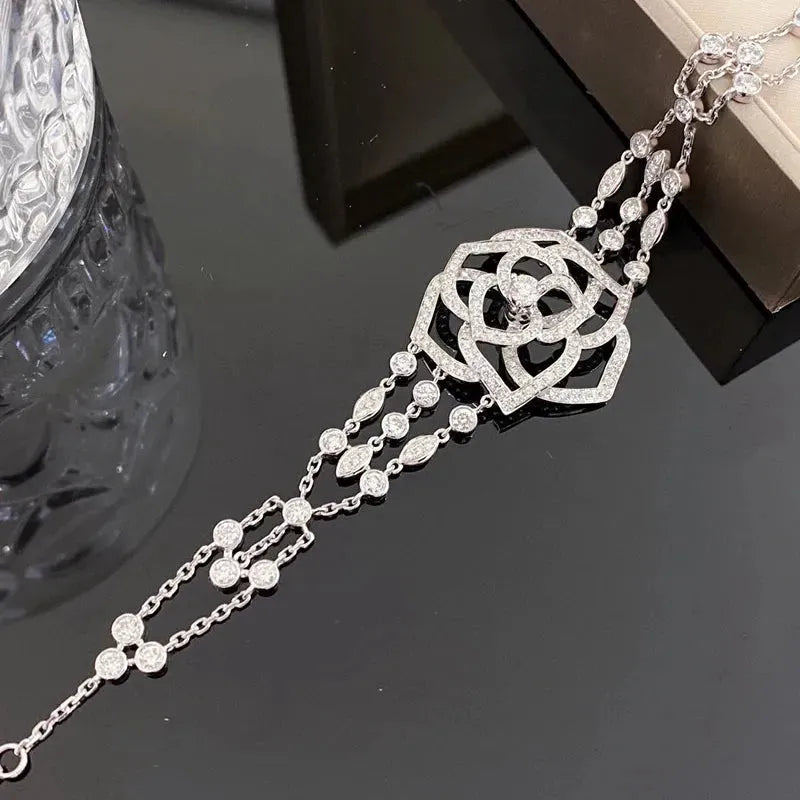 18K White Gold Diamond Rose Flower Bracelet for Women - H SI Quality, Luxurious Gift for Birthday & Special Occasions | Aazuo Fine Jewelry