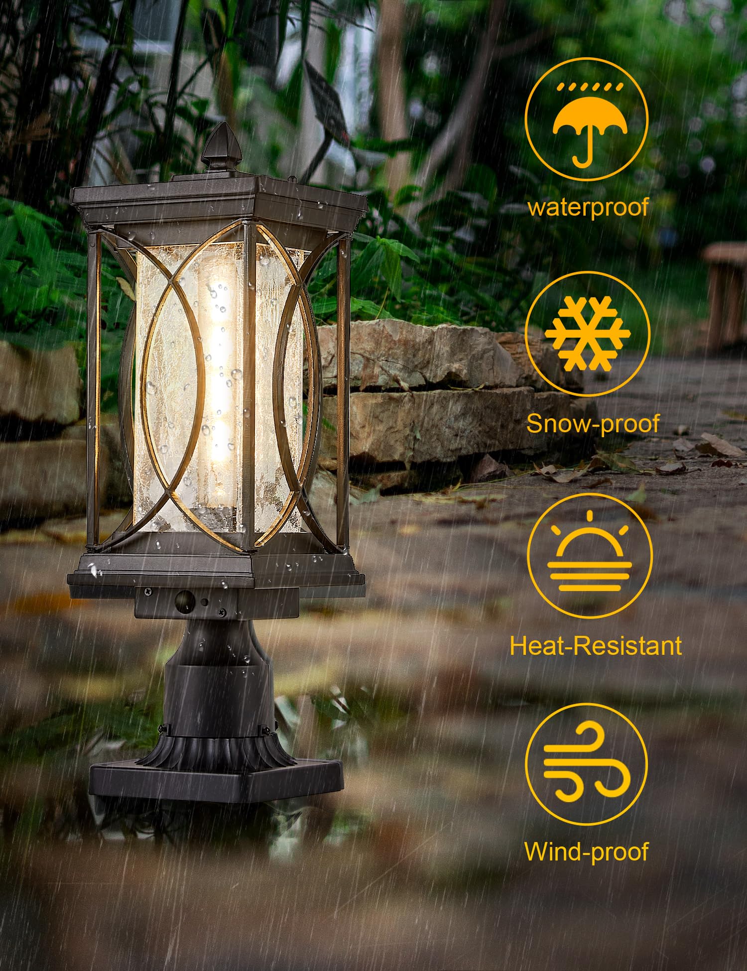 Motion Sensor Outdoor Post Lantern - Dusk to Dawn Automatic Pillar Light with 3