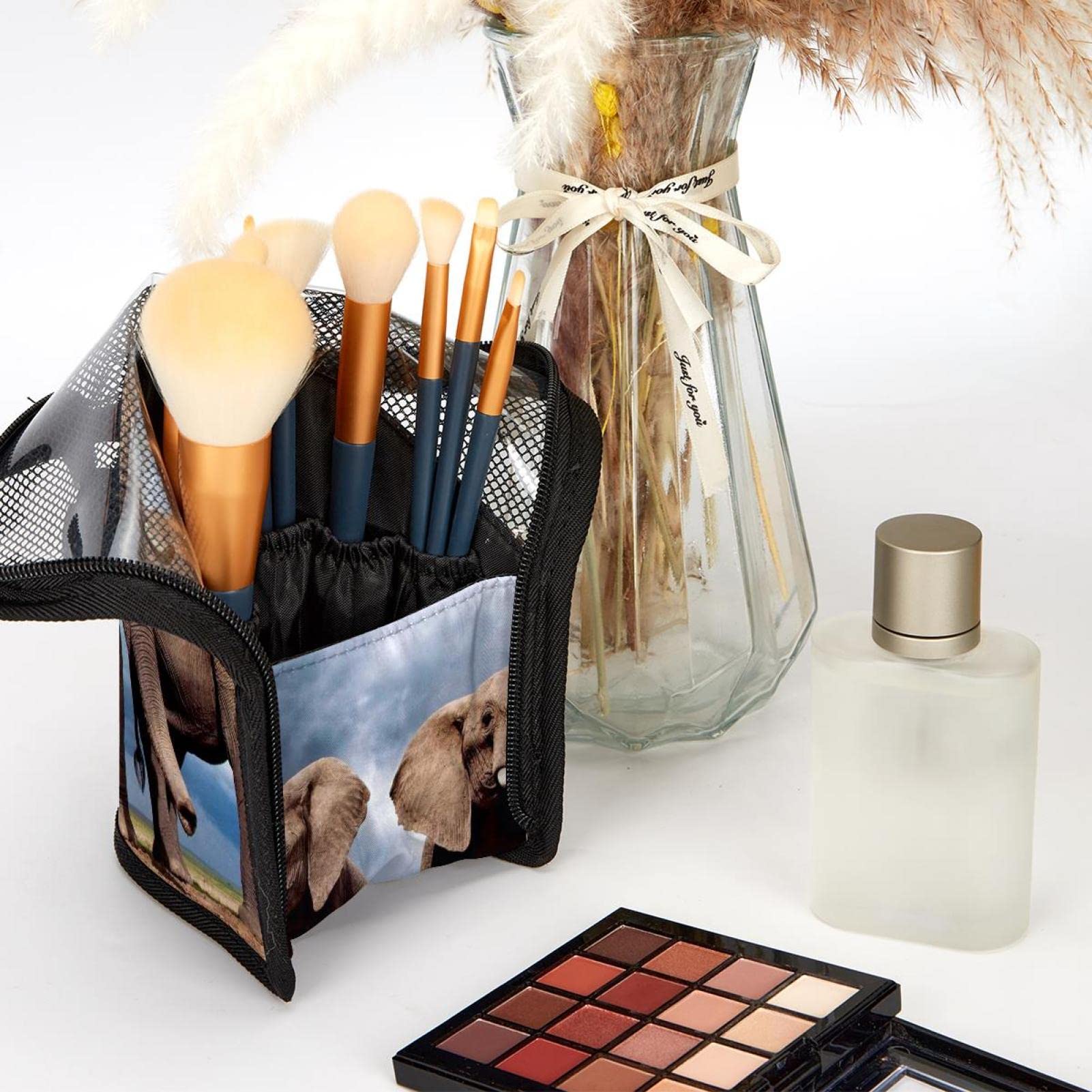 Premium 12-Piece Makeup Brush Organizer Bag with African Elephant Design - Portable Cosmetic Brush Holder Case for Travel, Home & Professional Makeup Artists