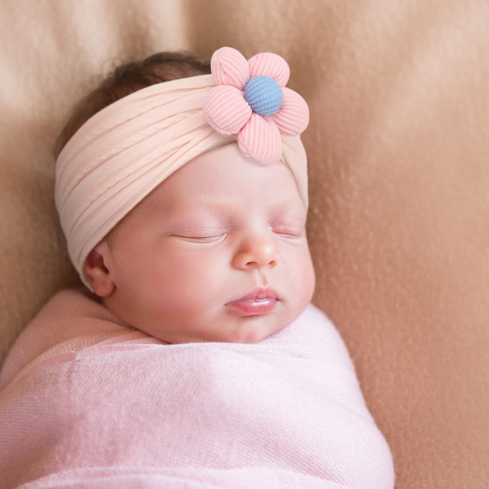 BQUBO Baby Flower Headbands for Girls - Soft Stretchy Nylon Hair Accessories Set (3 Pack) - Handmade Headbands for Newborns, Infants & Toddlers - Perfect for Photoshoots, Birthday Parties & Daily Wear