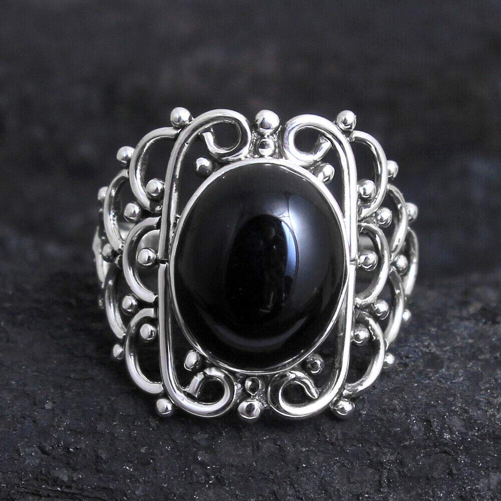 925 Sterling Silver Black Onyx Rings for Women – Elegant Oval Gemstone Bridesmaid Rings with Filigree Detailing & Bezel Setting | Perfect for Weddings, Parties & Everyday Wear
