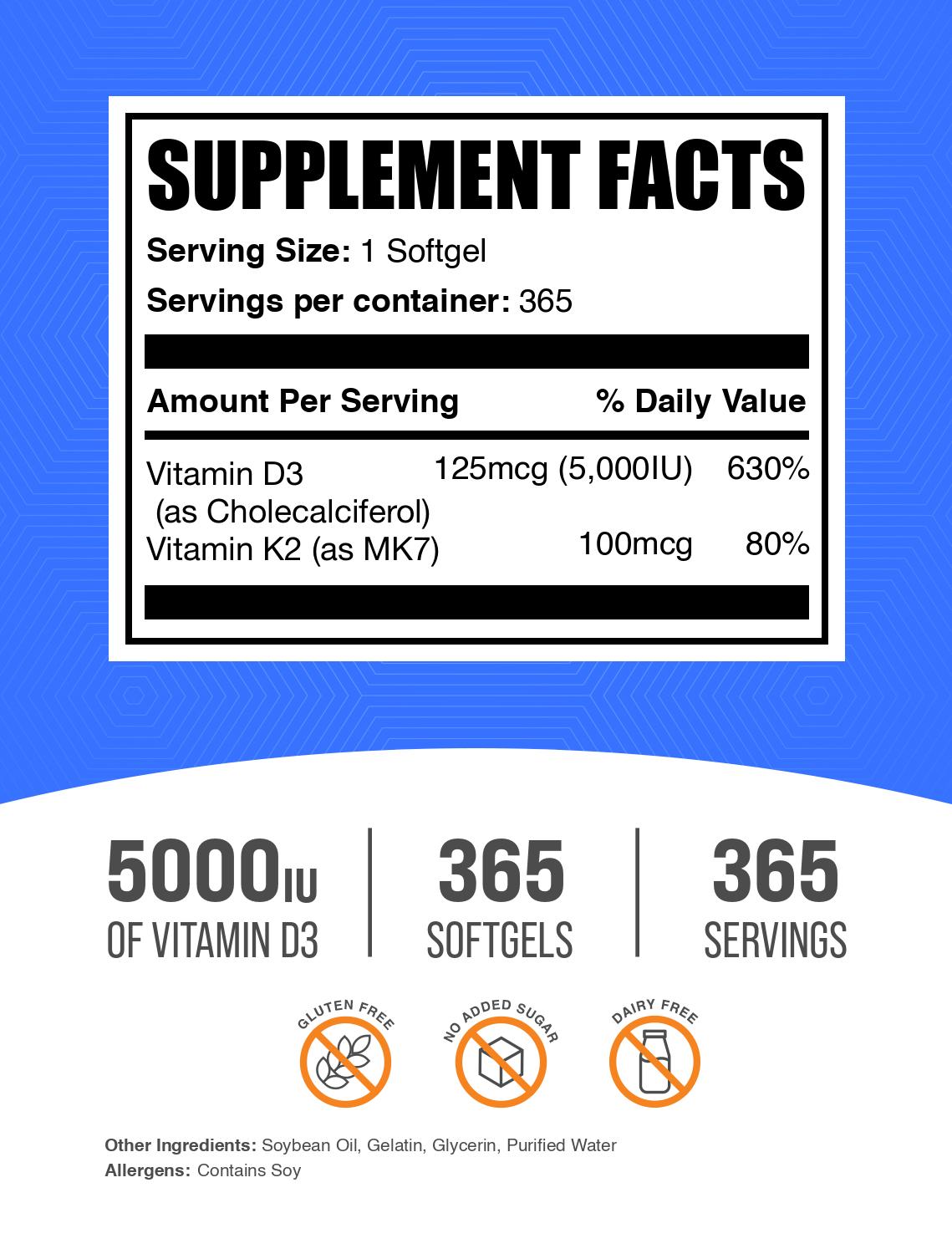 Premium Vitamin D3 + K2 Supplement Softgels - 5000 IU High Potency for Bone & Heart Health - Supports Immune System & Calcium Absorption - Ideal for Home, Office & Travel Use