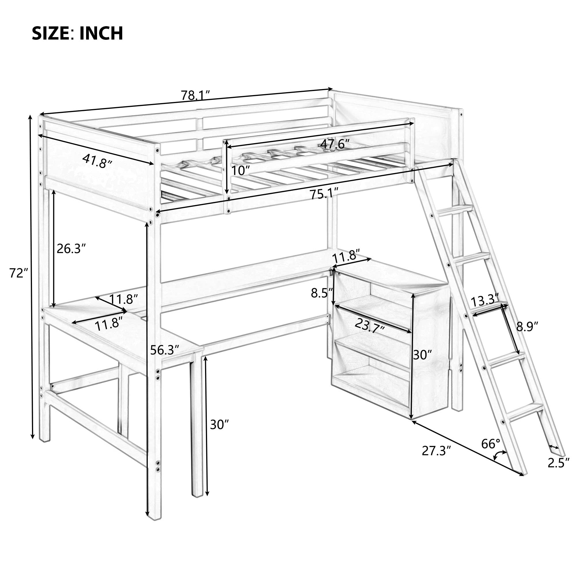 P PURLOVE Twin Size Wooden Loft Bed with Long Desk & Shelves - Space Saving Kids & Teens High Loft Bed for Small Bedroom, Dorm Room or Studio Apartment - Perfect for Study, Sleep & Storage Organization