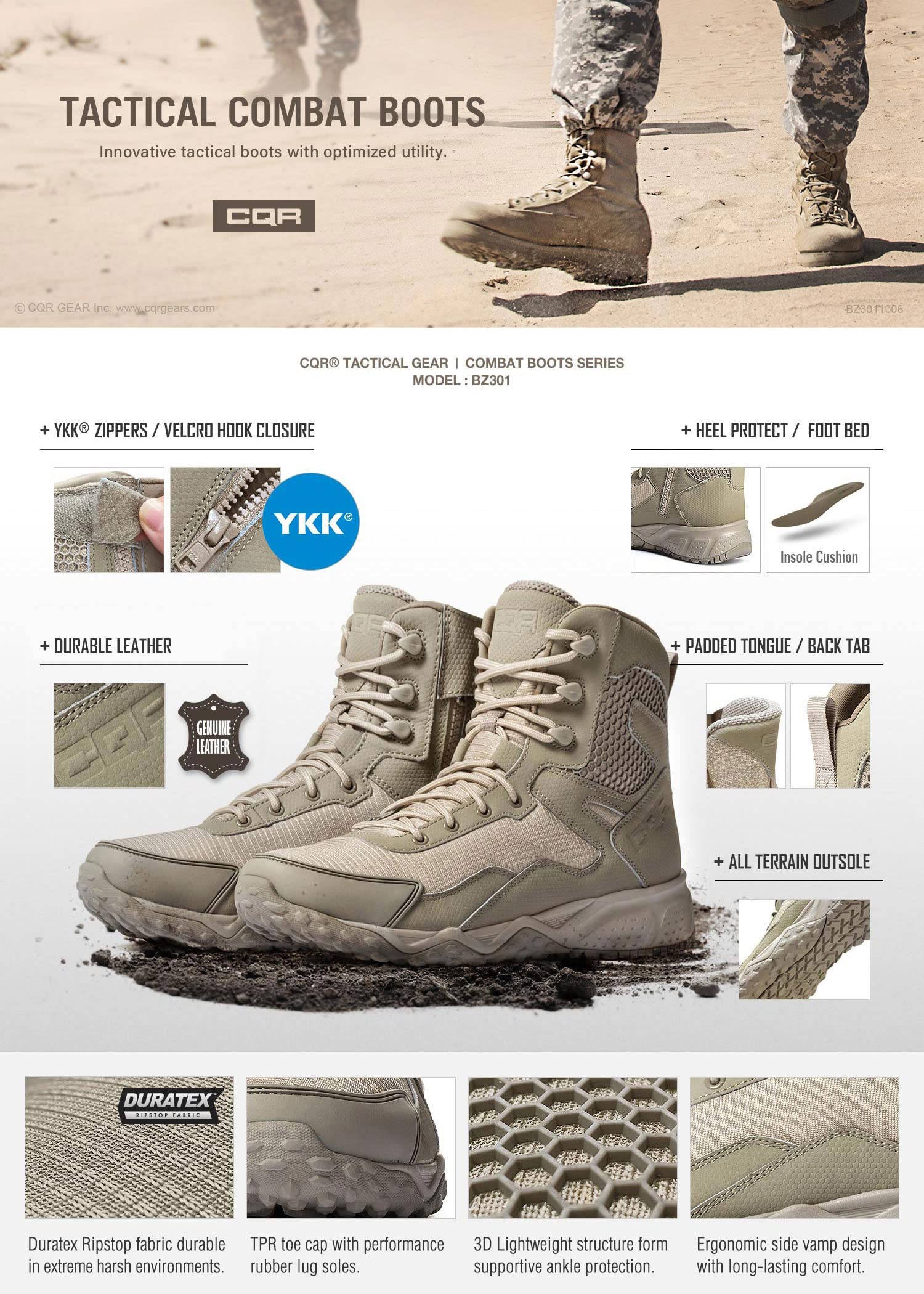 CQR Men's Military Tactical Boots - Lightweight 6 Inch Combat Boots for Hiking, Work & Outdoor Activities | Durable EDC Work Boots with Slip-Resistant Sole