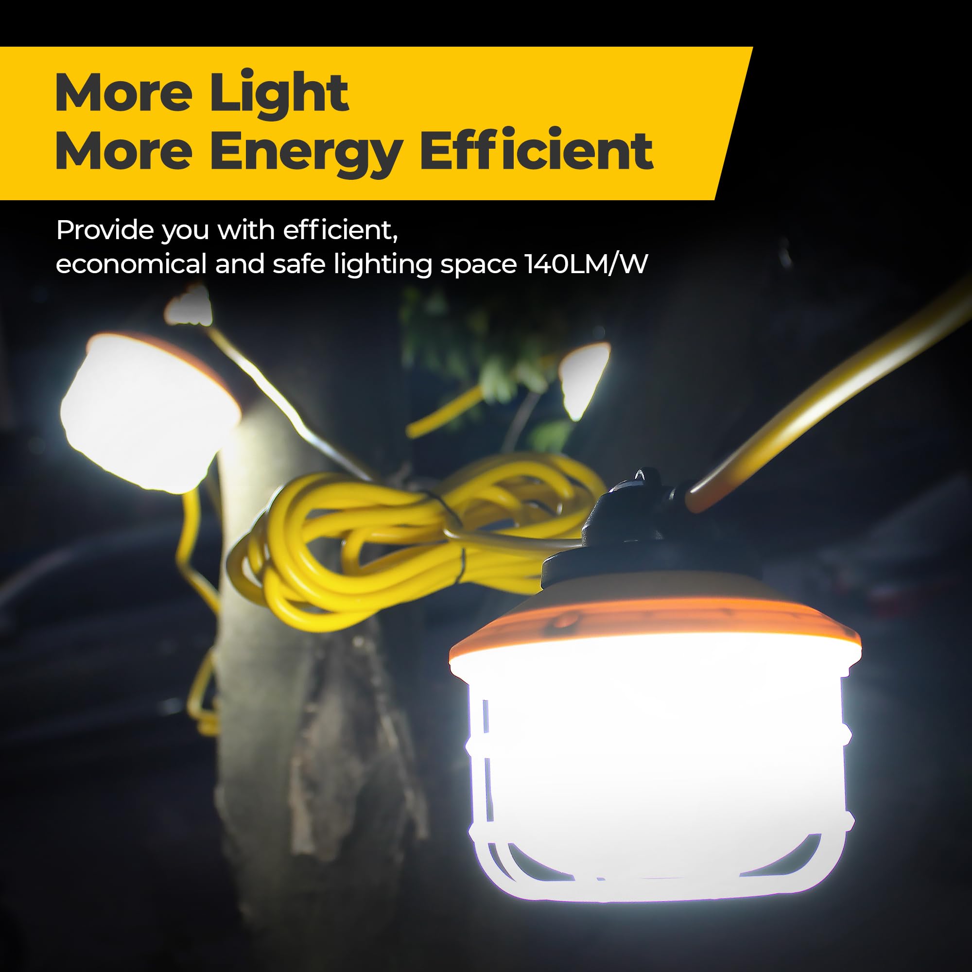 HYANGLUX 50FT Outdoor LED String Lights - 3 Prong with Switch, 75W 10500LM ETL Certified - Waterproof IP65 Construction Work Light for Jobsite, Garage, Attic - Perfect for Temporary Lighting, Backyard Parties, and Holiday Decorations