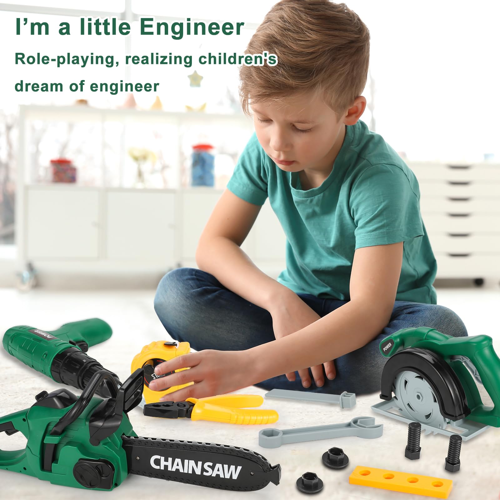 Mathea Kids Tool Set - Pretend Play Construction Toys for Boys & Girls Ages 3-6 with Electronic Drill & Chainsaw - STEM Learning Toys for Toddlers - Perfect for Birthday Gifts & Role Play Activities