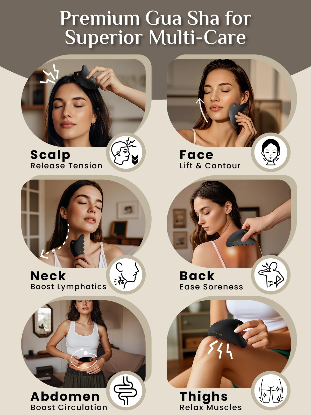 Rena Chris Natural BianStone Gua Sha Tool - Manual Massage Stick for Jawline Sculpting, Puffiness Reduction & Whole Body Skin Care - Black | Facial Therapy, Lymphatic Drainage & Relaxation at Home or Spa