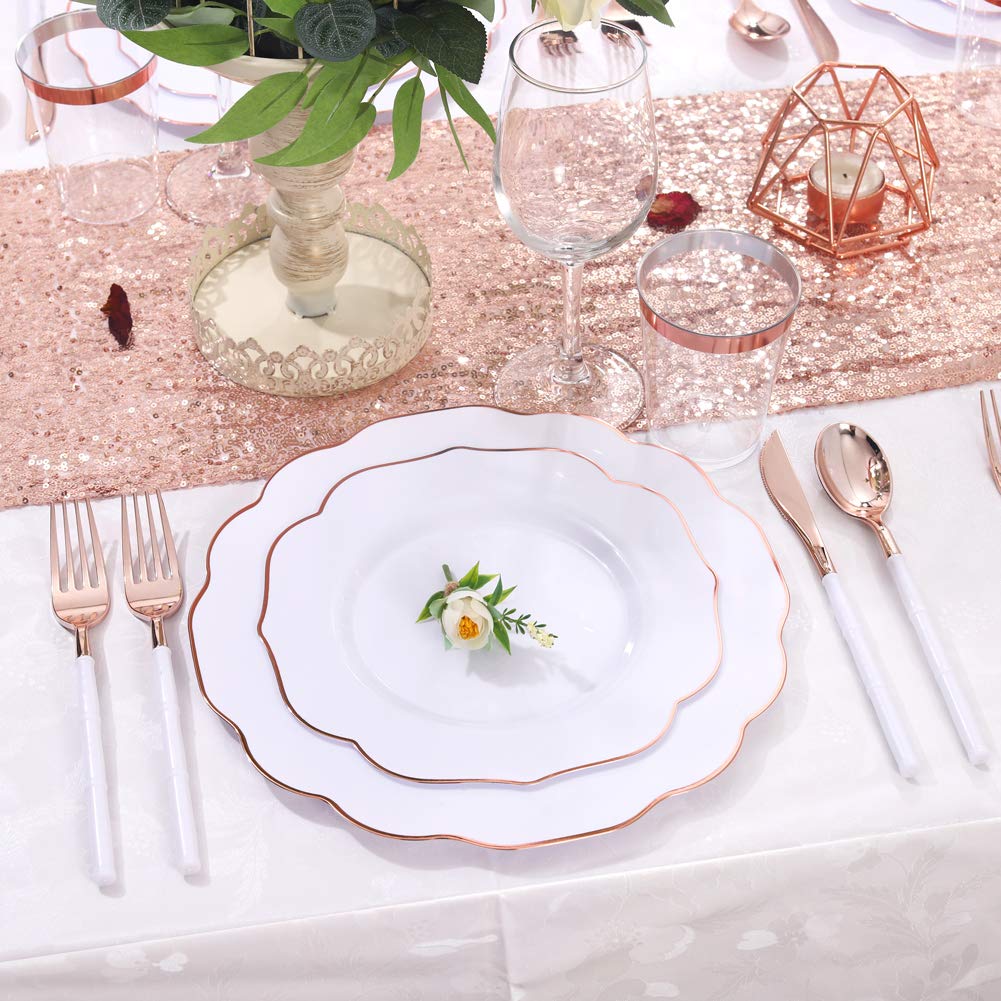 BUCLA 30-Pack White & Rose Gold Plastic Plates with Matching Cutlery & Disposable Cups - Elegant Disposable Dinnerware Set for Weddings, Mother's Day, Bridal Showers, Birthday Parties & Special Events