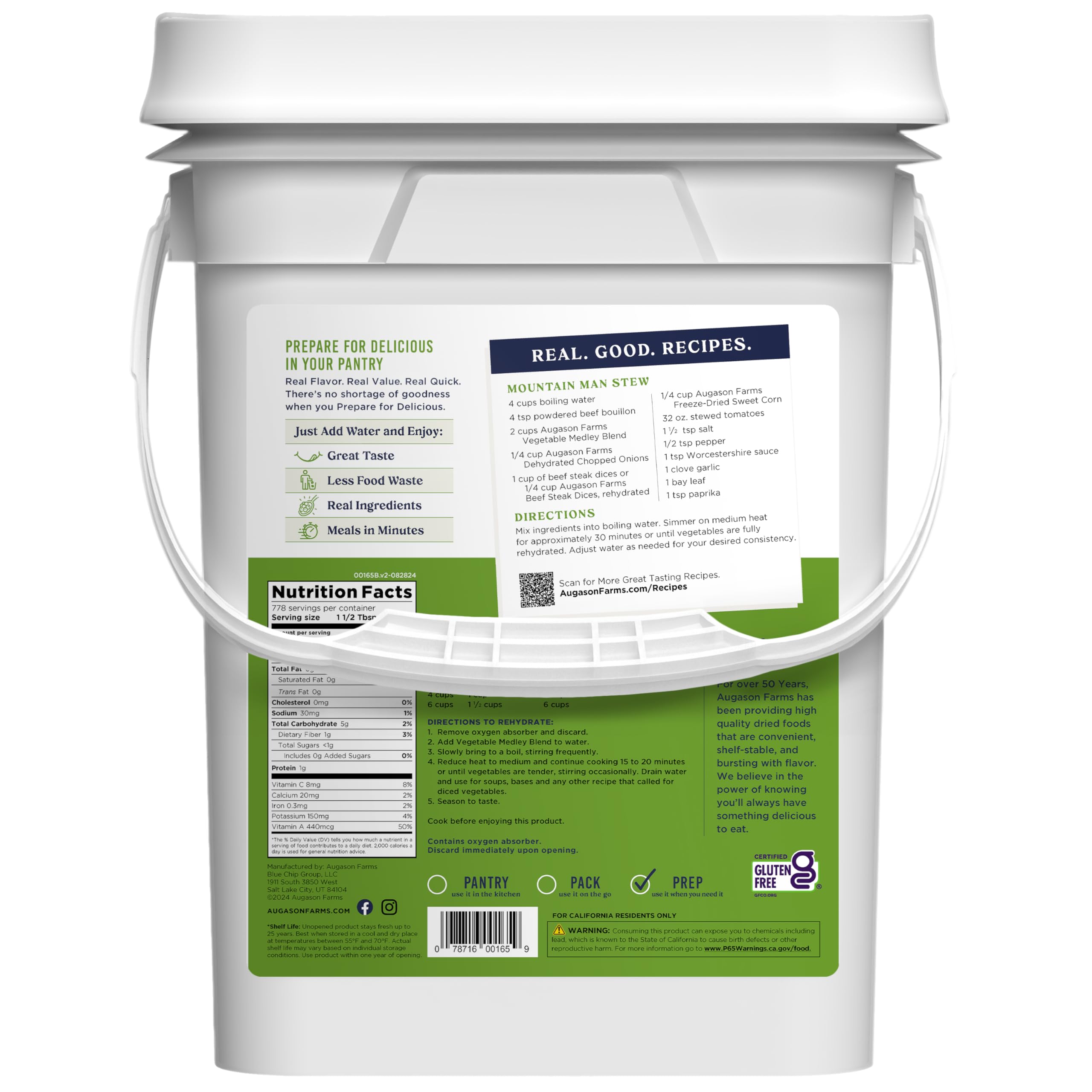 Augason Farms Vegetable Medley Blend 4-Gallon Pail - Gluten Free Emergency Food Supply (778 Servings) for Camping, Survival & Everyday Meals