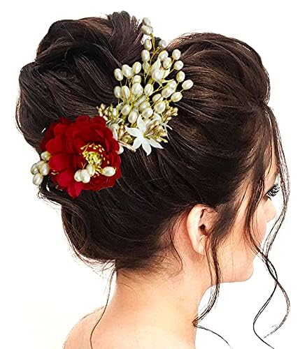 Artificial Peony Flower Hair Comb with Pearls - Elegant Hair Bun & Side Pin Accessories for Women & Girls (Red) | Perfect for Weddings, Prom & Special Occasions