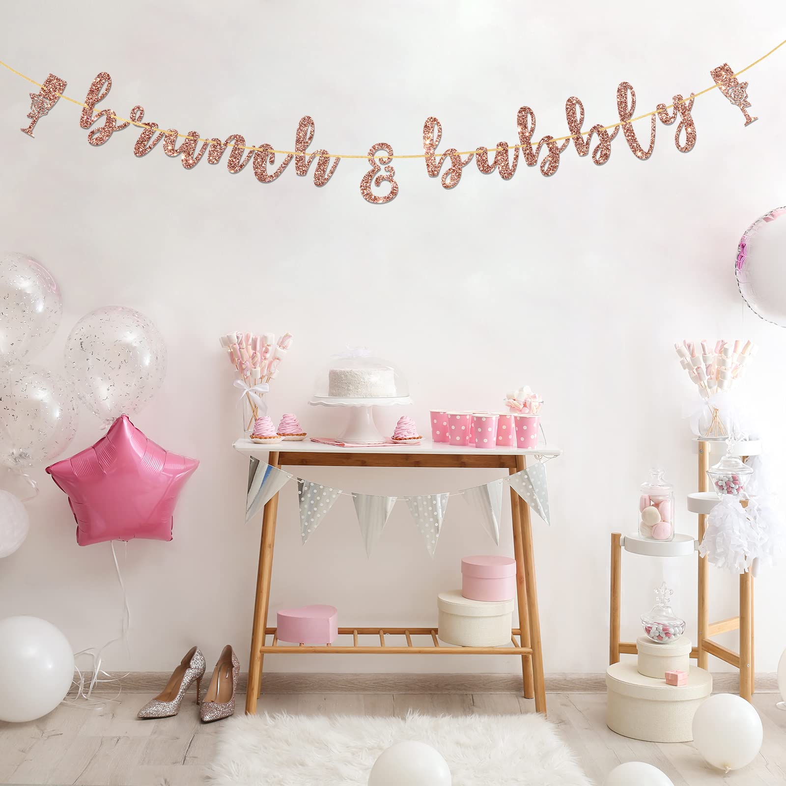 Elegant Rose Gold Brunch & Bubbly Banner - 7.9ft Bridal Shower & Bachelorette Party Decorations with Champagne Glass Design - Perfect for Wedding Receptions, Baby Showers & Anniversary Celebrations