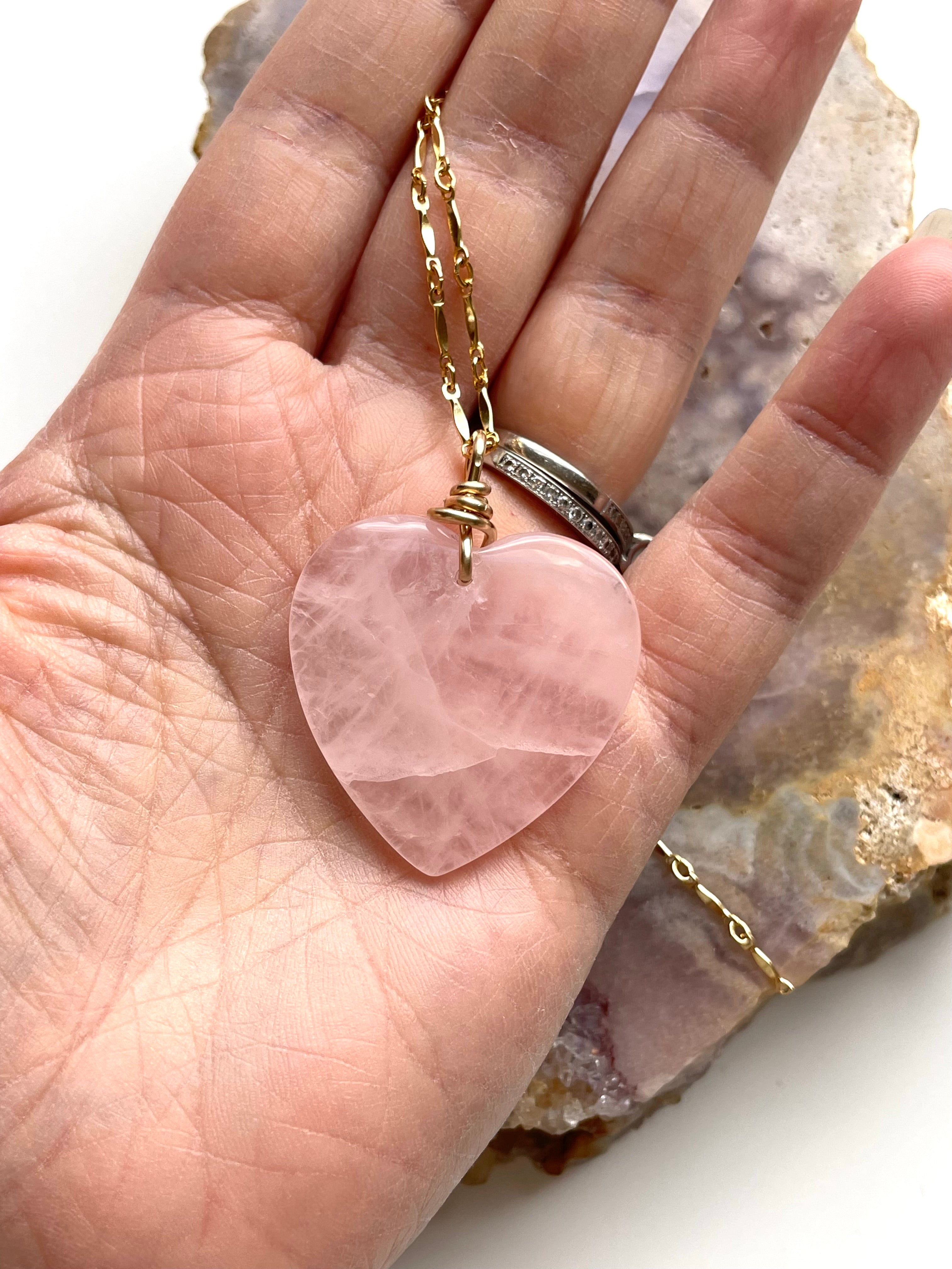 Large Rose Quartz Heart Necklace - 14K Gold Filled Pendant for Women | Spiritual Healing, Love & Positive Energy Jewelry Gift for Valentine's Day, Anniversary or Self-Care