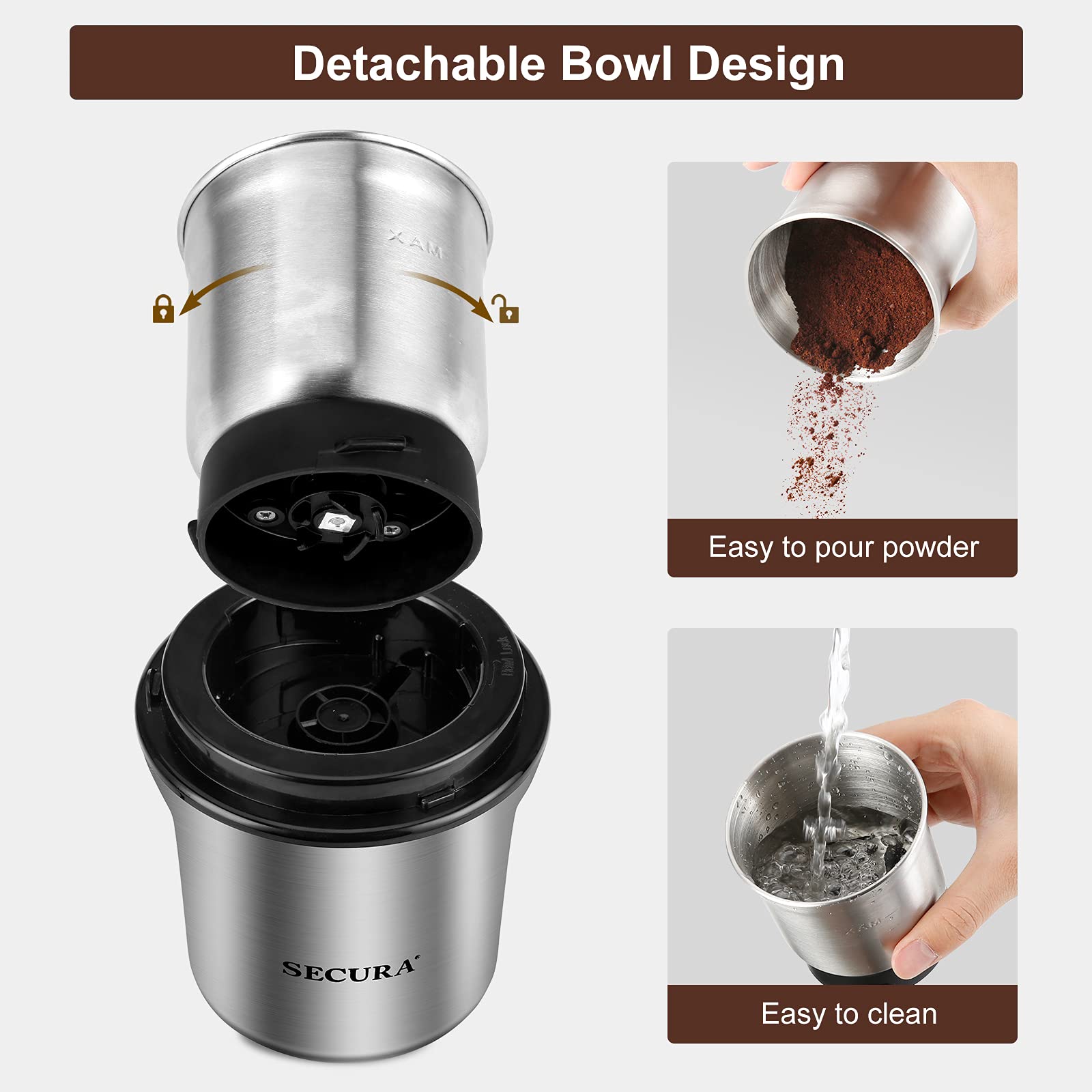 Secura Electric Coffee Grinder & Spice Grinder - 200W Powerful Motor with Stainless Steel Blade & Removable Bowl for Fresh Ground Coffee, Nuts, Herbs - Perfect for Home Kitchen & Coffee Bar Use