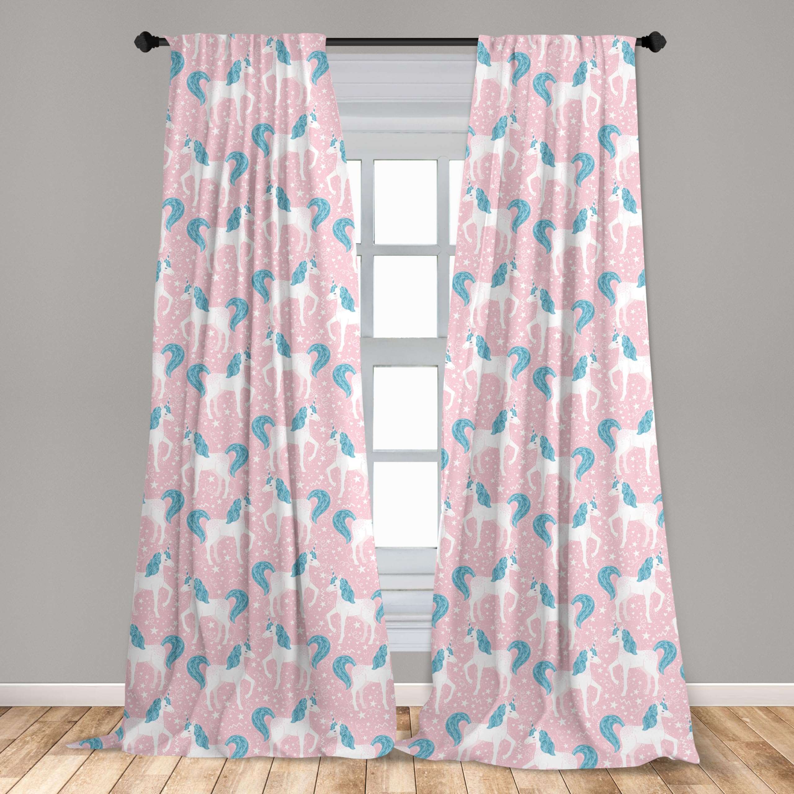 Ambesonne Unicorn Party Curtains - Cheerful Horse with Stars & Hearts Cartoon Design, 2 Panel Window Treatments for Living Room & Bedroom (28x63 inches, Rose Sea Blue White) - Perfect for Kids' Rooms, Birthday Parties & Nursery Decor
