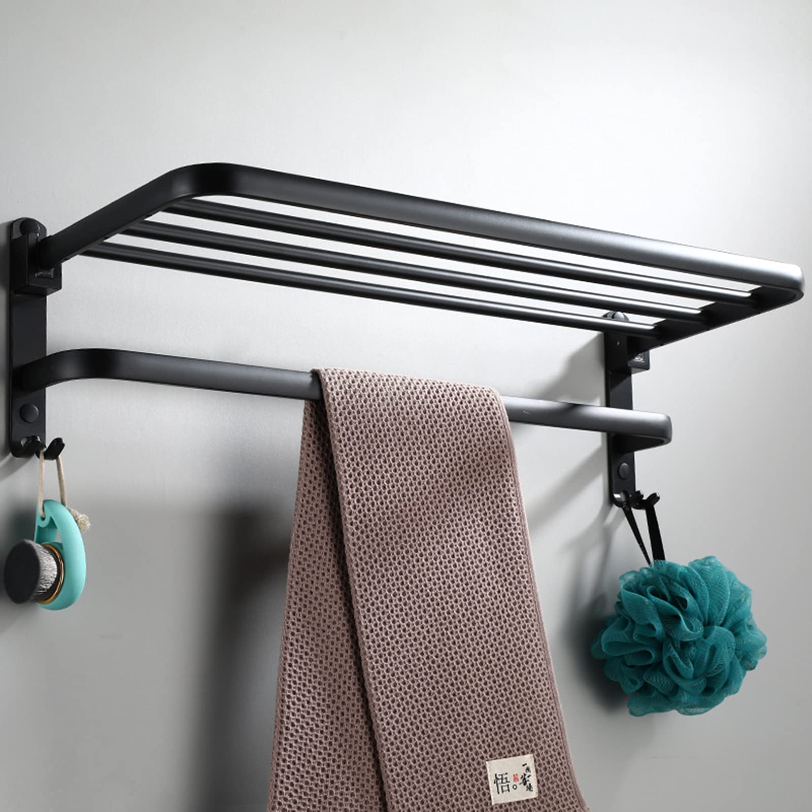 Sturdy 59cm Aluminum Alloy Wall-Mounted Bathroom Towel Rack - Double Folding Shelf with Hooks & Bar, Rustproof Matte Black - Perfect for Small Bathrooms, Spa Rooms & Luxury Hotels