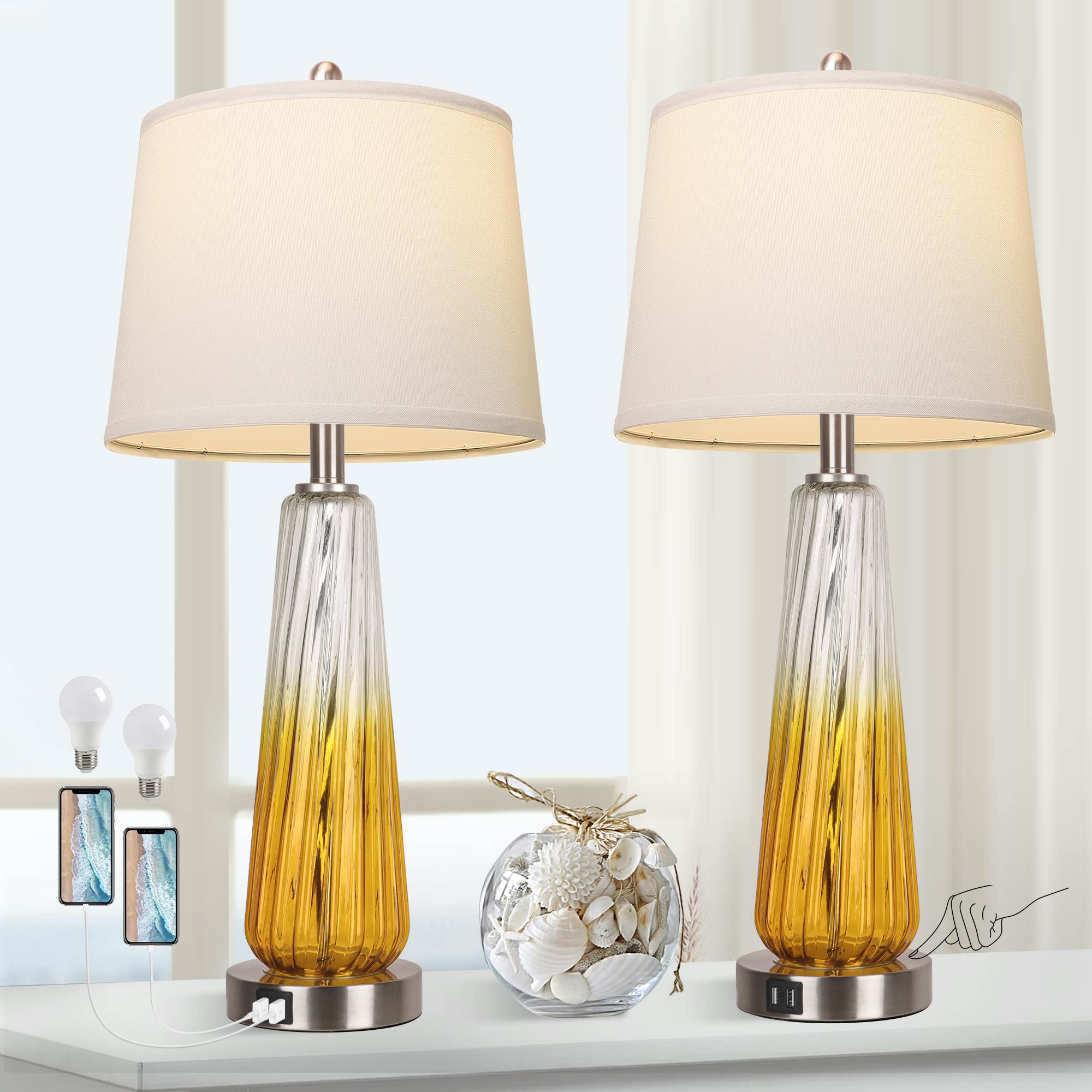 Modern Glass Table Lamps Set of 2 - Touch Control 3-Way Dimmable Bedside Lamps with 2 USB Ports & White Fabric Shade, 27.5