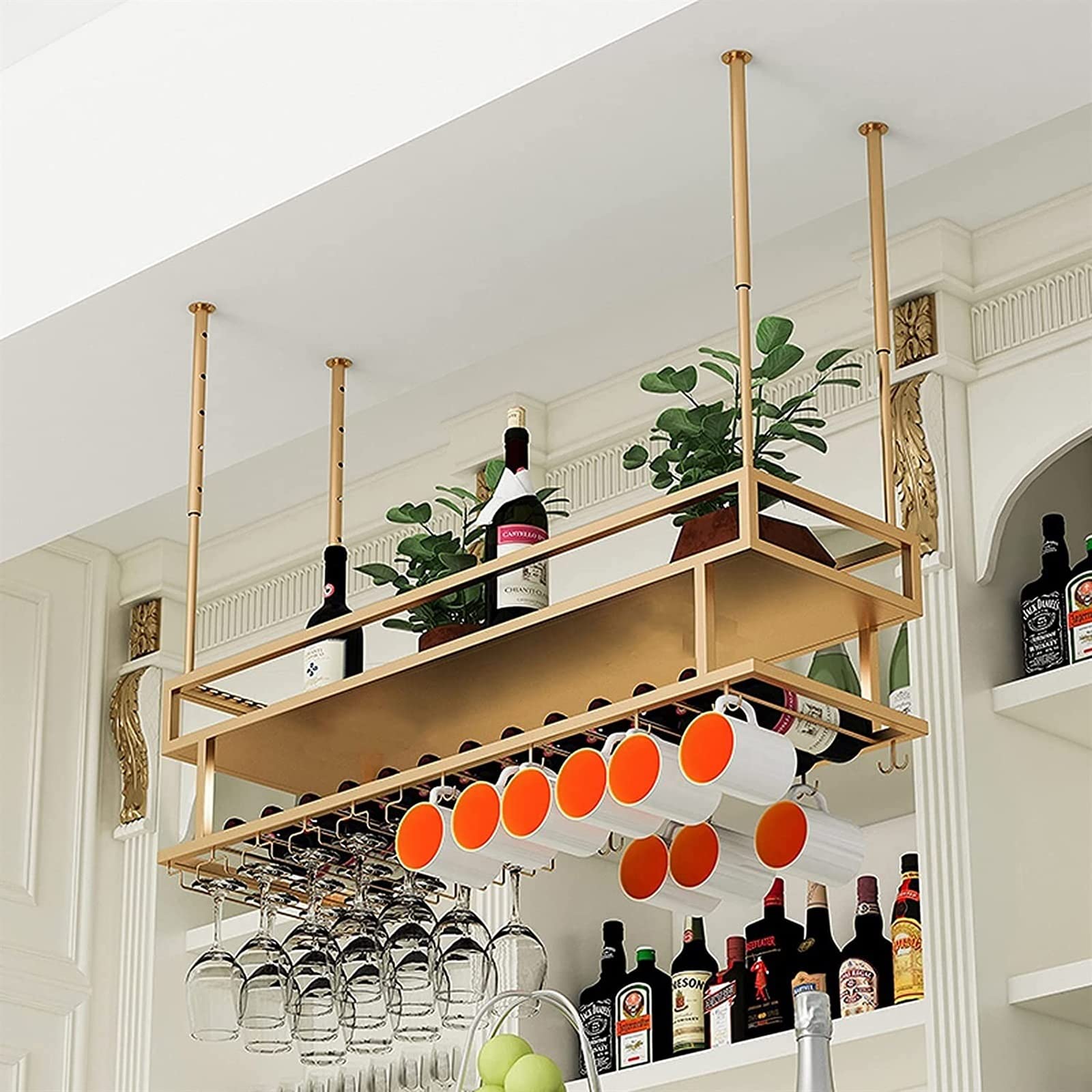 FAFZ Adjustable 2-Tier Ceiling Wine Rack - 100cm Hanging Stemware Holder for Goblets & Glasses - Perfect for Bars, Restaurants, Kitchens & Home Decor Display Shelf - Space-Saving Wine Storage Solution for Small Spaces & Entertaining Areas