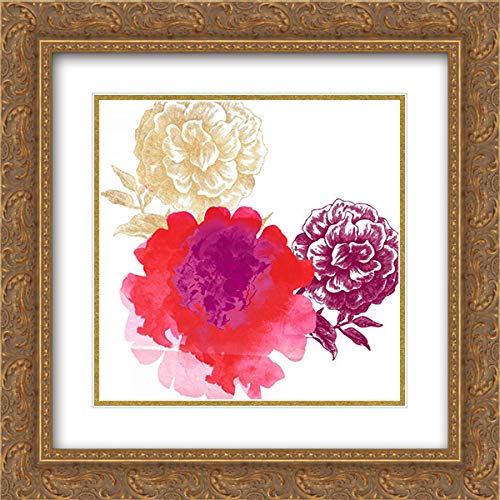 Bella Dos Santos 28x28 Gold Ornate Frame with Double Matted Museum Art Print - Happy Garden Reds Floral Wall Decor for Living Room, Bedroom & Office