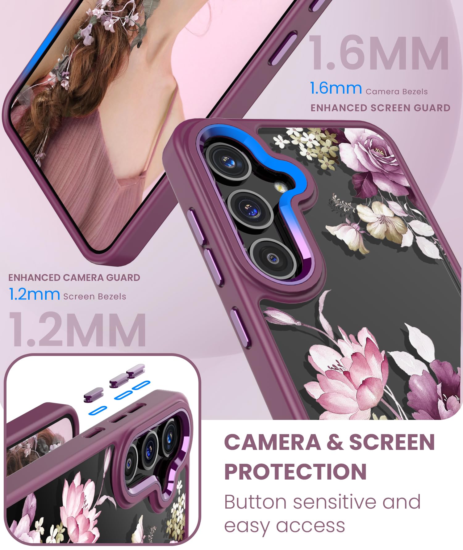 Samsung Galaxy S24 Plus Case with Tempered Glass Screen Protector | Military Grade Protective Cover for Galaxy S24+ 5G | Slim Soft TPU & Hard PC Hybrid Design | Crystal Clear Flower Pattern Purple Case for Women | Perfect for Daily Use, Travel & Outdoor Protection
