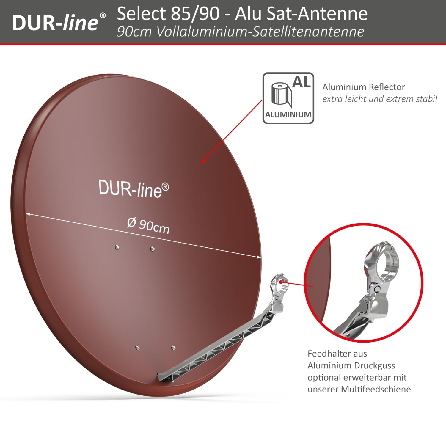DUR-line Select 85cm x 90cm Aluminum Satellite Dish - High Performance Red Antenna for Strong Signal Reception - Perfect for RV, Camping & Rural Areas