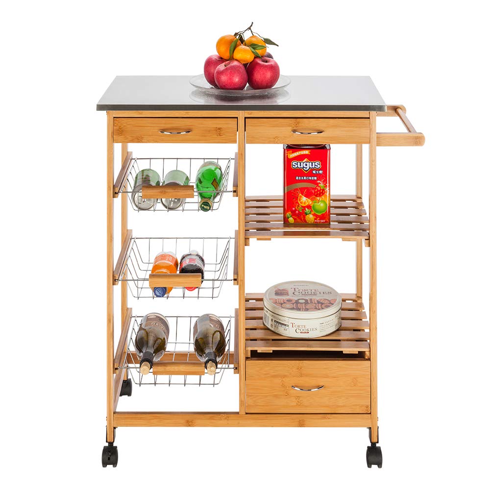 Layee Mobile Kitchen Cart - Rolling Wood Kitchen Island with Stainless Steel Top, 3 Drawers & 3 Baskets - Storage Trolley Utility Cart for Small Spaces, Apartment Cooking & Dining Room Organization