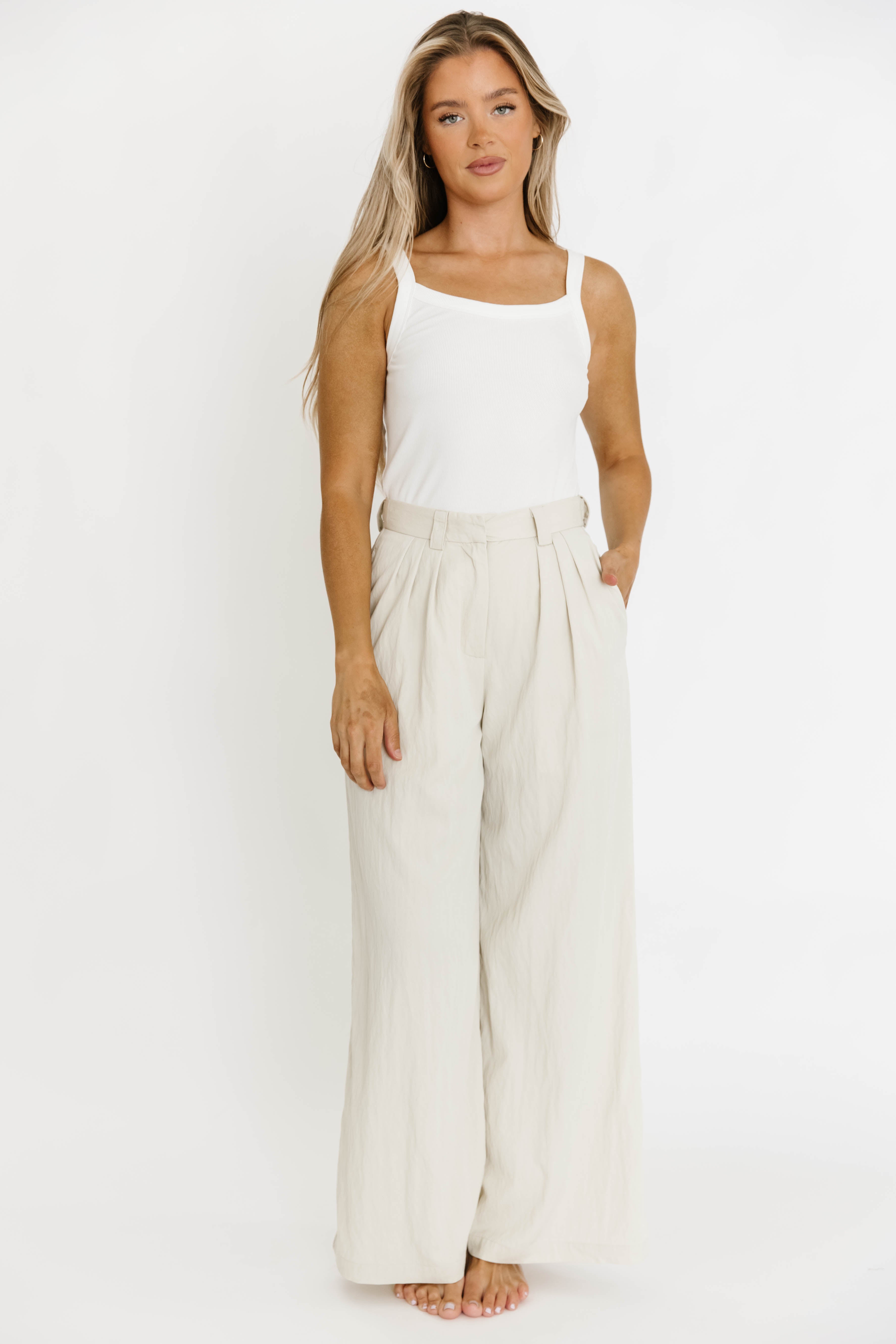 Ria Lightweight High Rise Pleated Wide Leg Pants for Women - Oatmeal White Casual Trousers | Perfect for Office, Travel & Everyday Wear